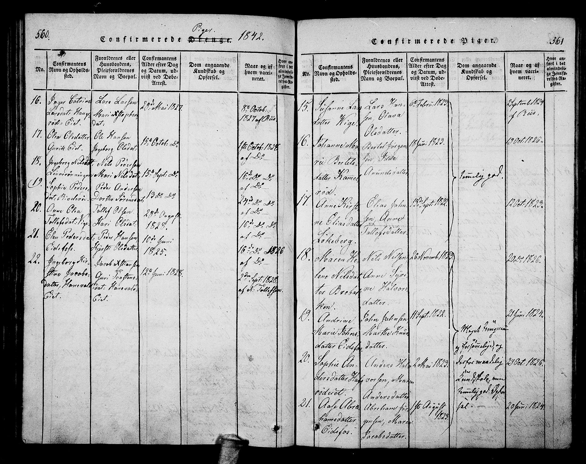 Hof kirkebøker, SAKO/A-64/F/Fa/L0004: Parish register (official) no. I 4, 1814-1843, p. 560-561