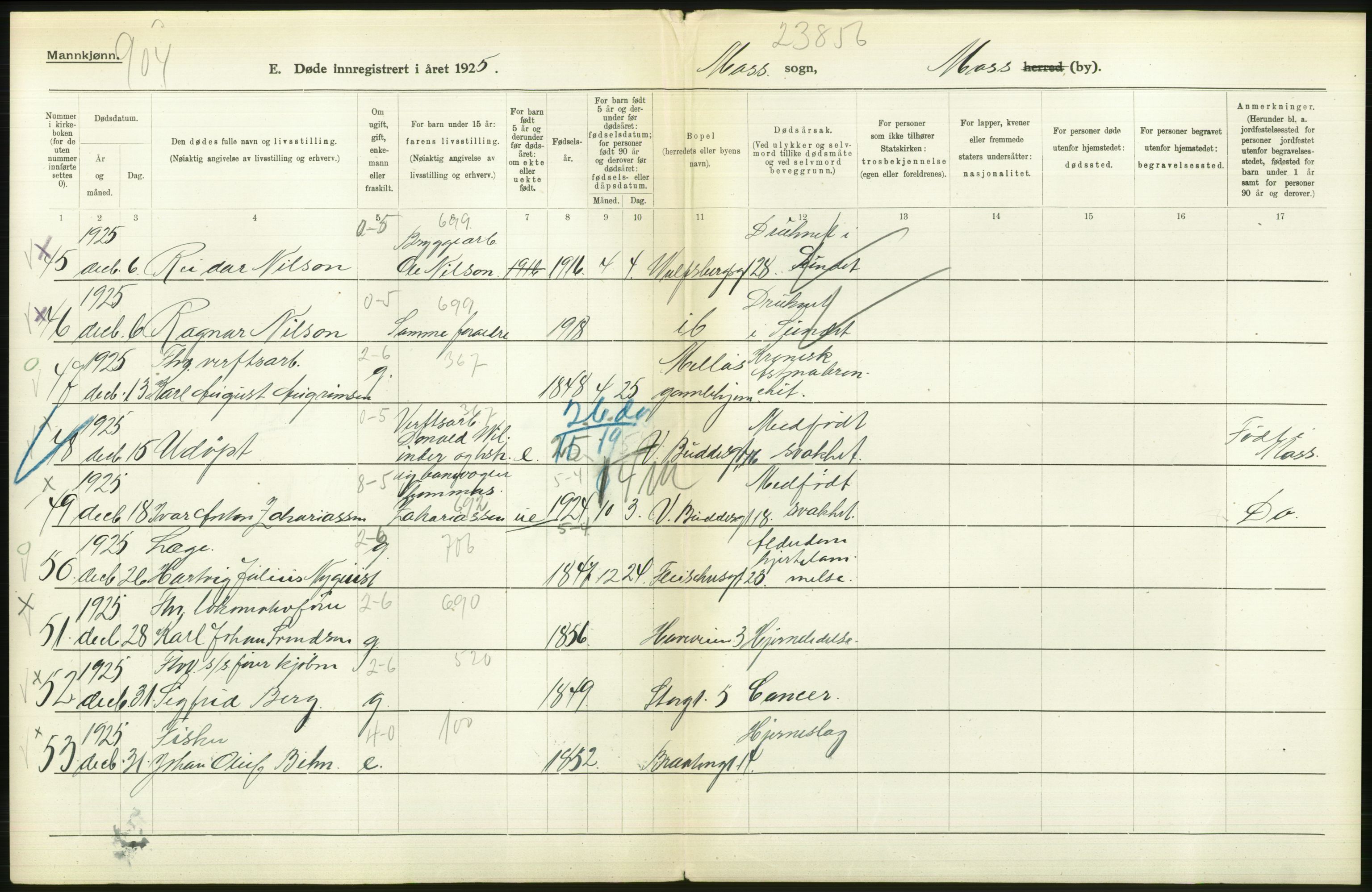 Statistisk sentralbyrå, Sosiodemografiske emner, Befolkning, AV/RA-S-2228/D/Df/Dfc/Dfce/L0002: Østfold fylke: Gifte, døde. Bygder og byer., 1925, p. 54