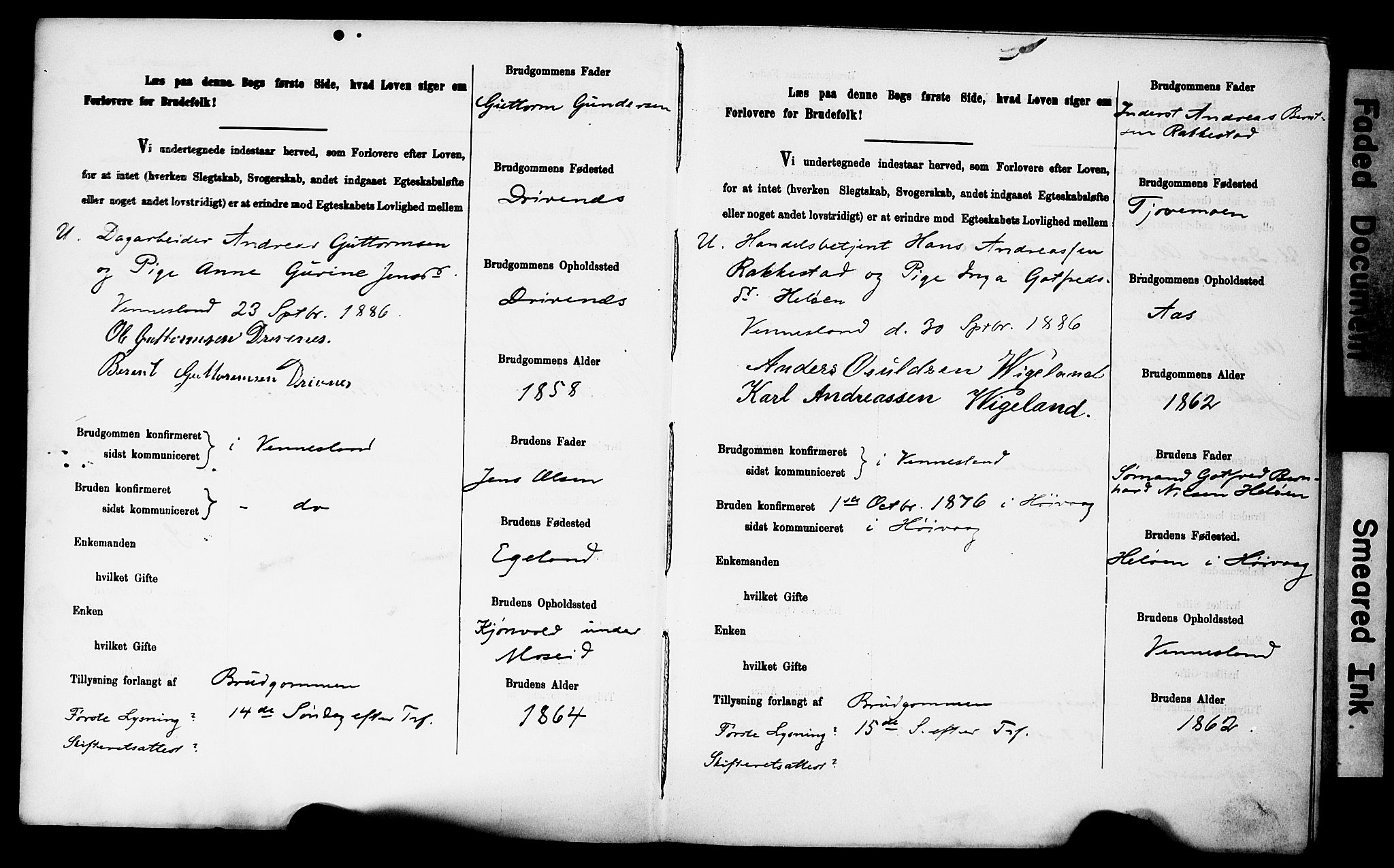 Vennesla sokneprestkontor, AV/SAK-1111-0045/J/L0032/0003: Banns register no. II 5 1, 1886-1892, p. 3