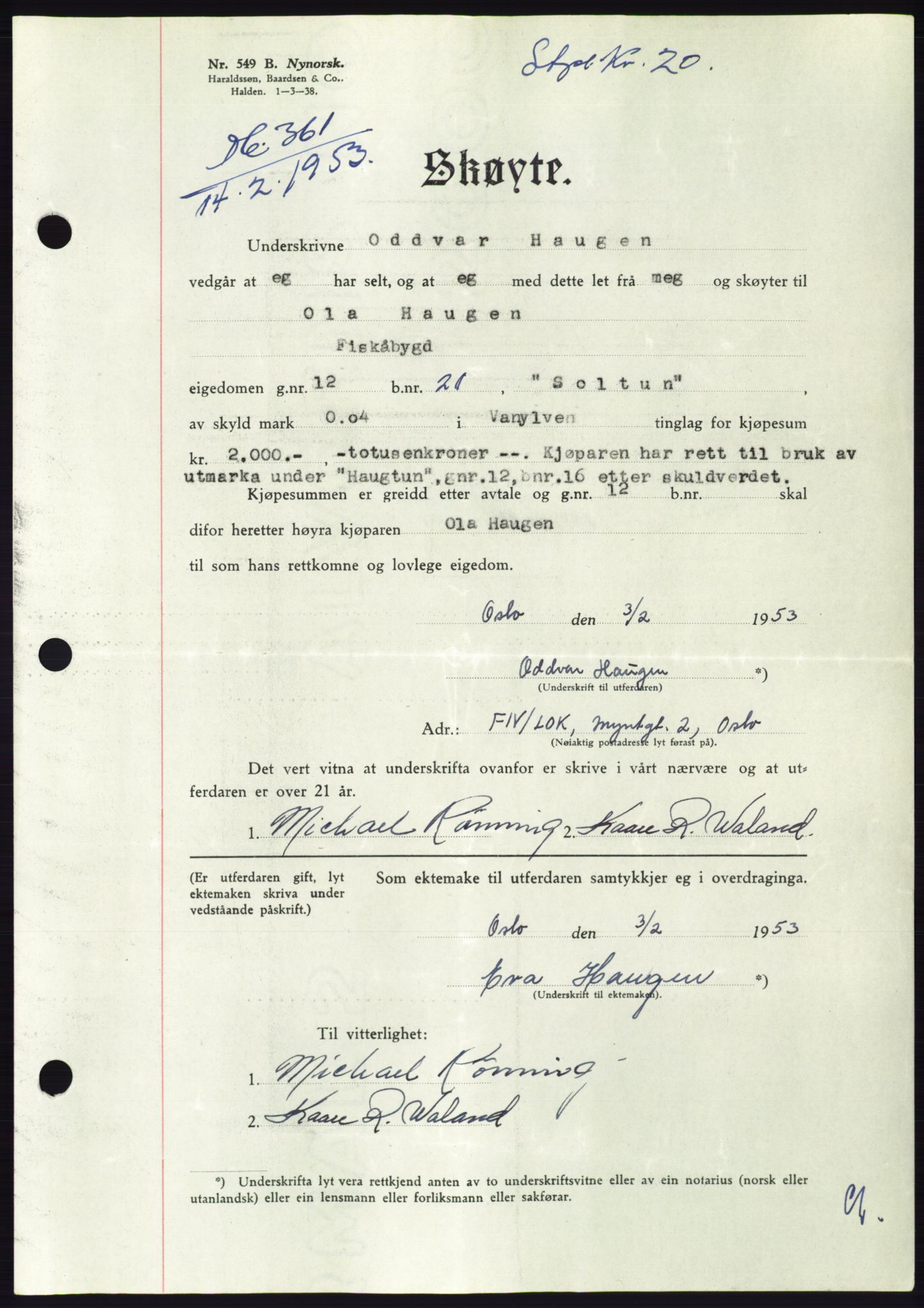 Søre Sunnmøre sorenskriveri, AV/SAT-A-4122/1/2/2C/L0094: Mortgage book no. 20A, 1953-1953, Diary no: : 361/1953