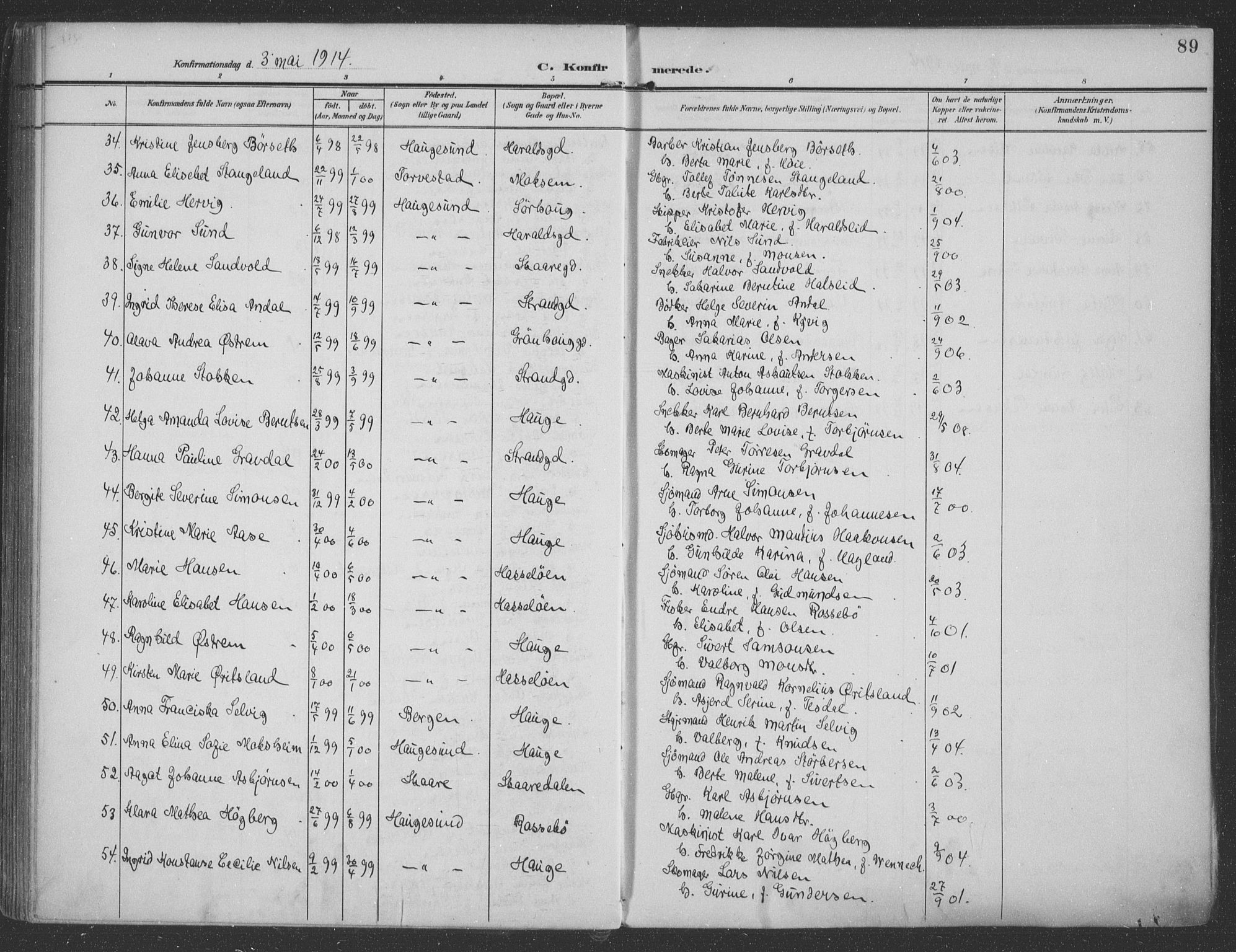 Haugesund sokneprestkontor, AV/SAST-A -101863/H/Ha/Haa/L0007: Parish register (official) no. A 7, 1904-1916, p. 89