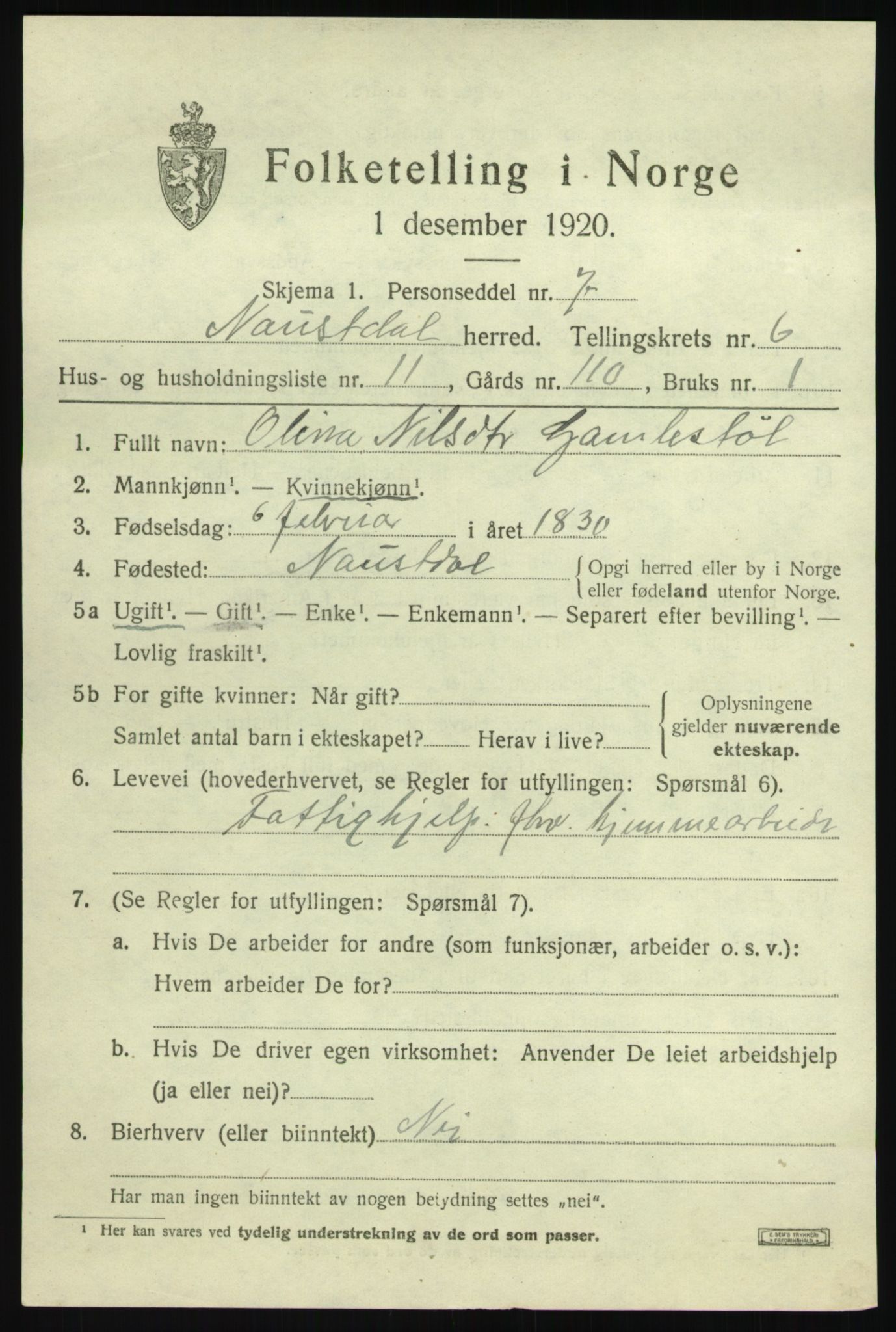 SAB, 1920 census for Naustdal, 1920, p. 3805