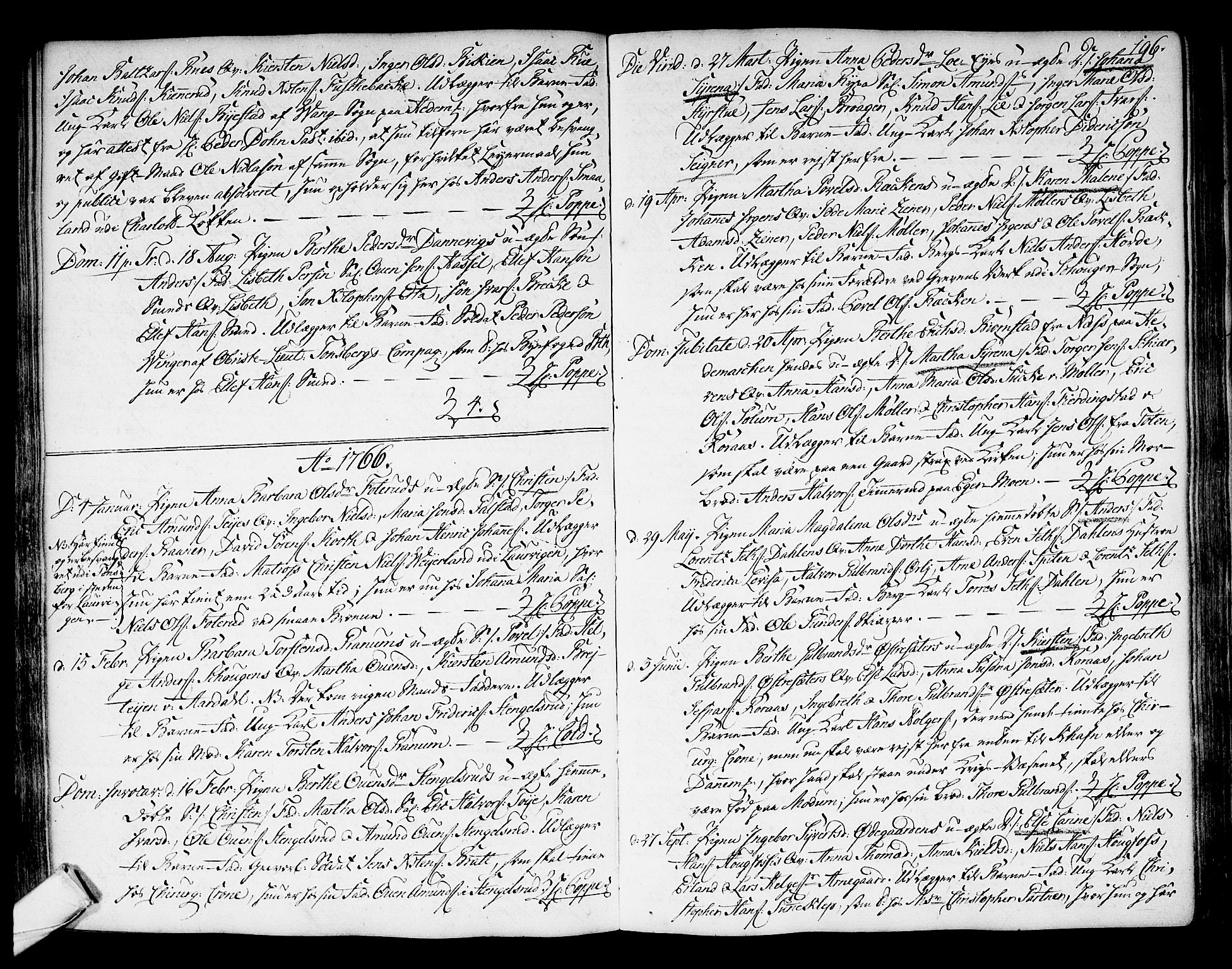 Kongsberg kirkebøker, SAKO/A-22/F/Fa/L0004: Parish register (official) no. I 4, 1756-1768, p. 196