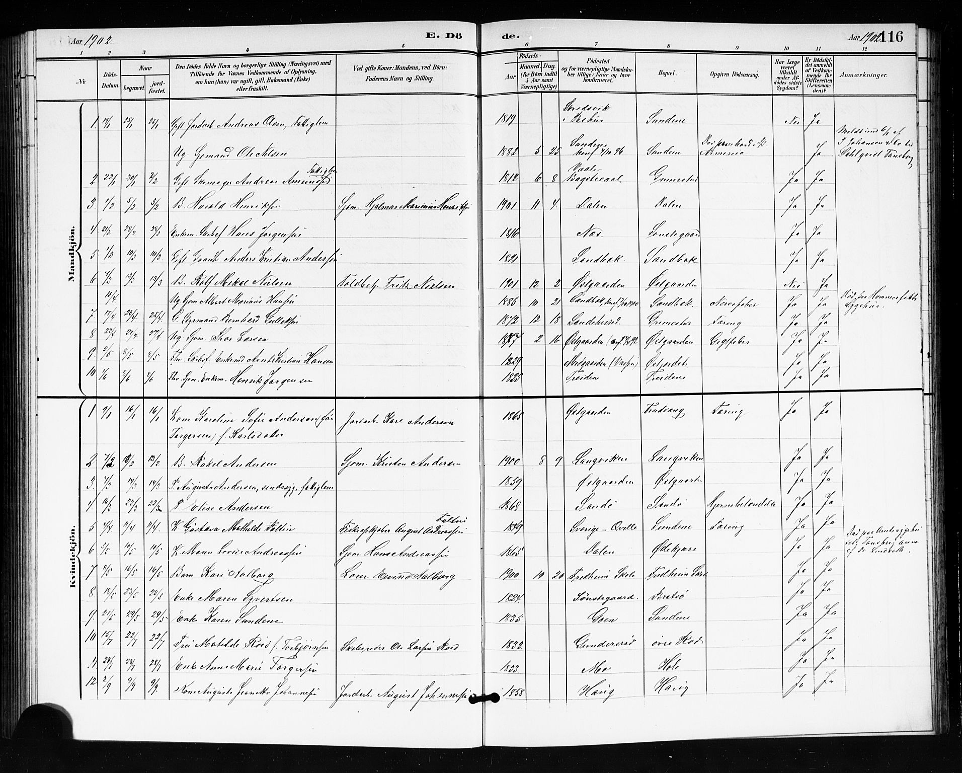 Tjøme kirkebøker, SAKO/A-328/G/Ga/L0001: Parish register (copy) no. 1, 1901-1910, p. 116
