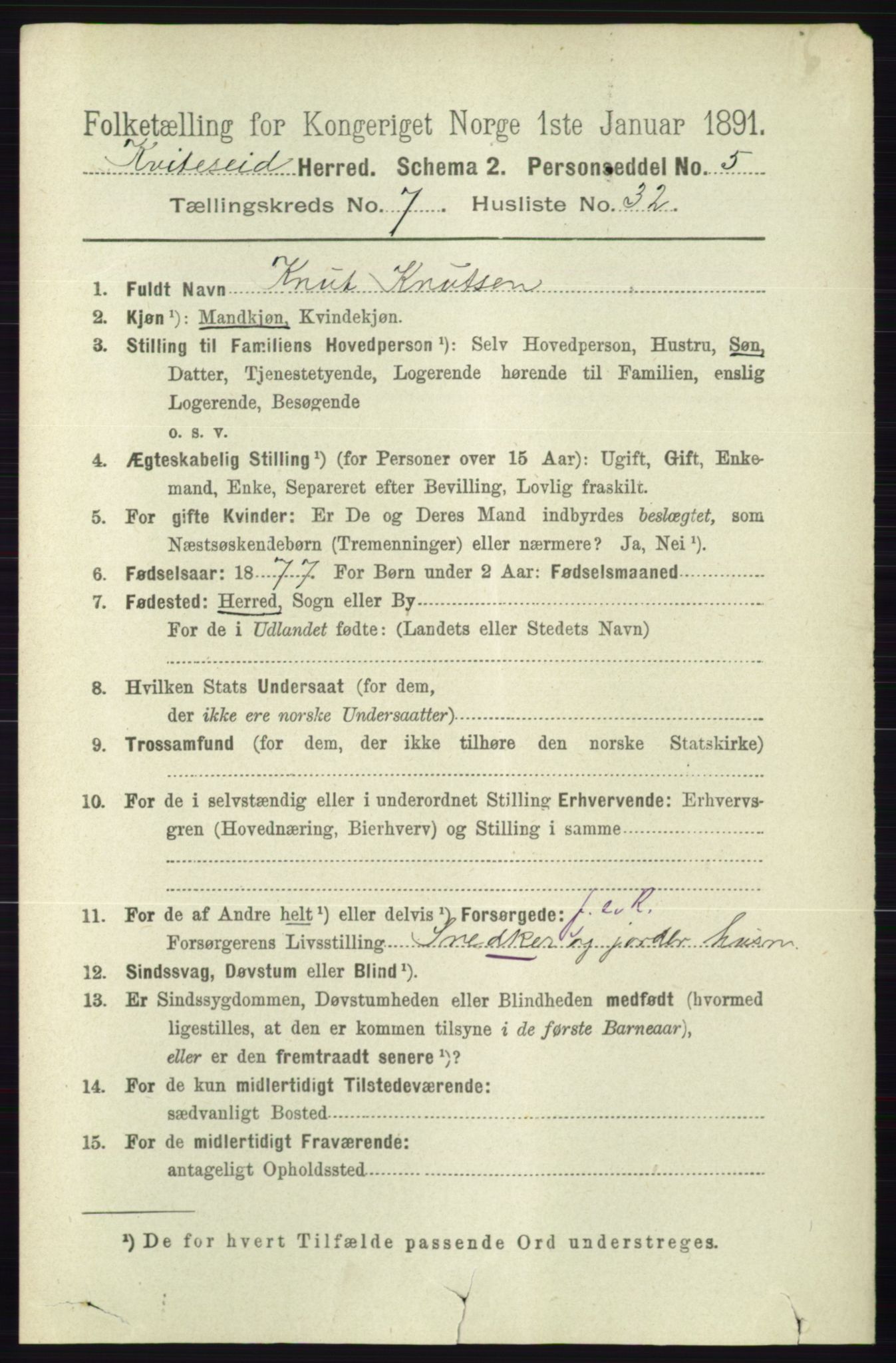 RA, 1891 census for 0829 Kviteseid, 1891, p. 1542