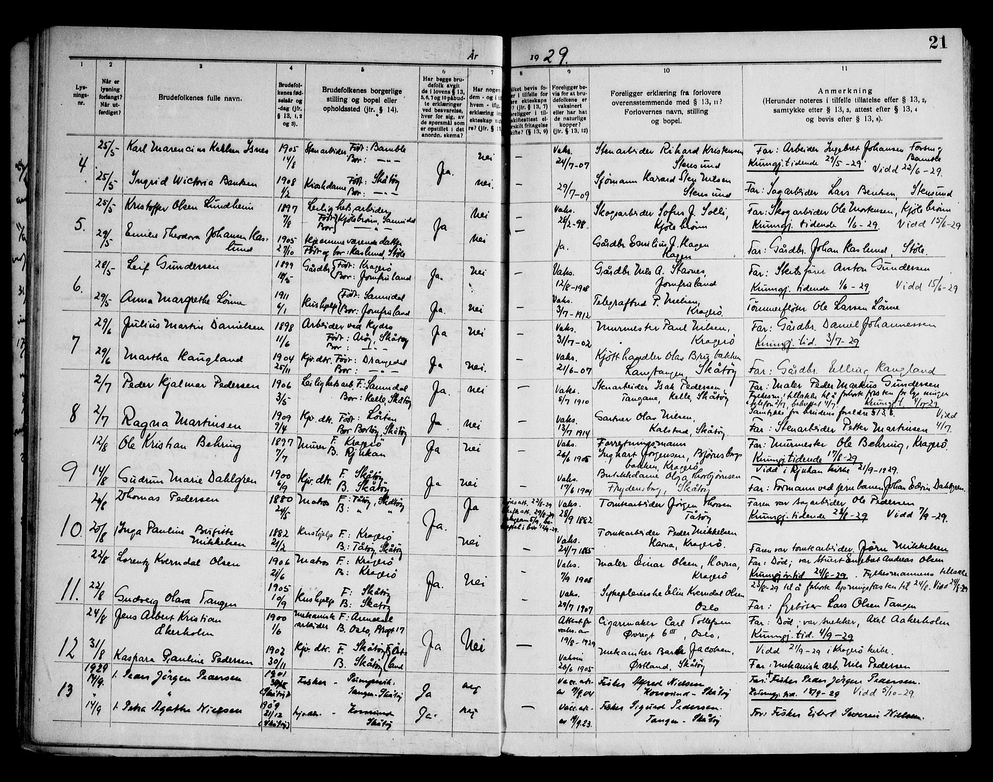 Skåtøy kirkebøker, AV/SAKO-A-304/H/Ha/L0001: Banns register no. 1, 1919-1961, p. 21