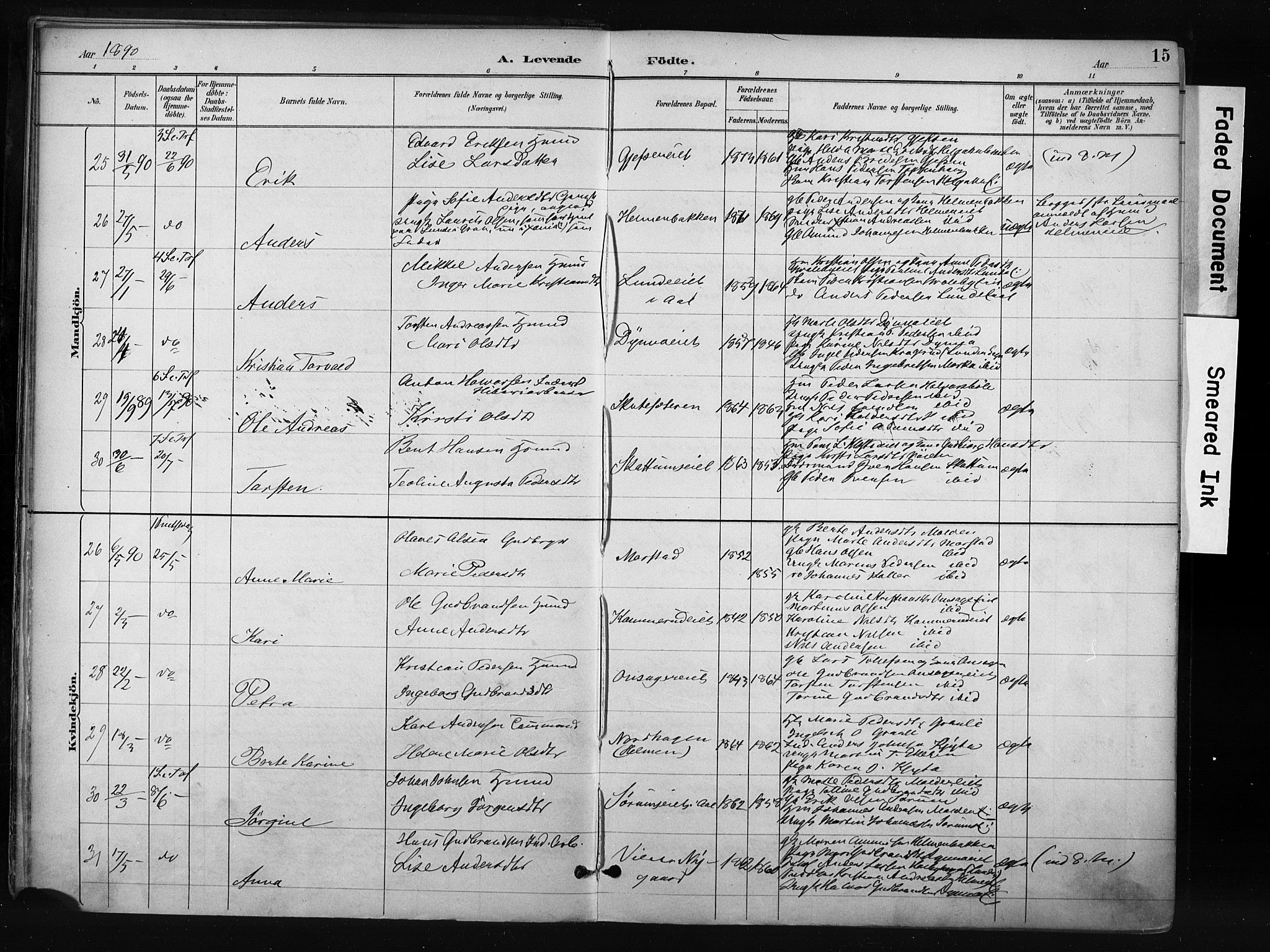 Gran prestekontor, AV/SAH-PREST-112/H/Ha/Haa/L0017: Parish register (official) no. 17, 1889-1897, p. 15