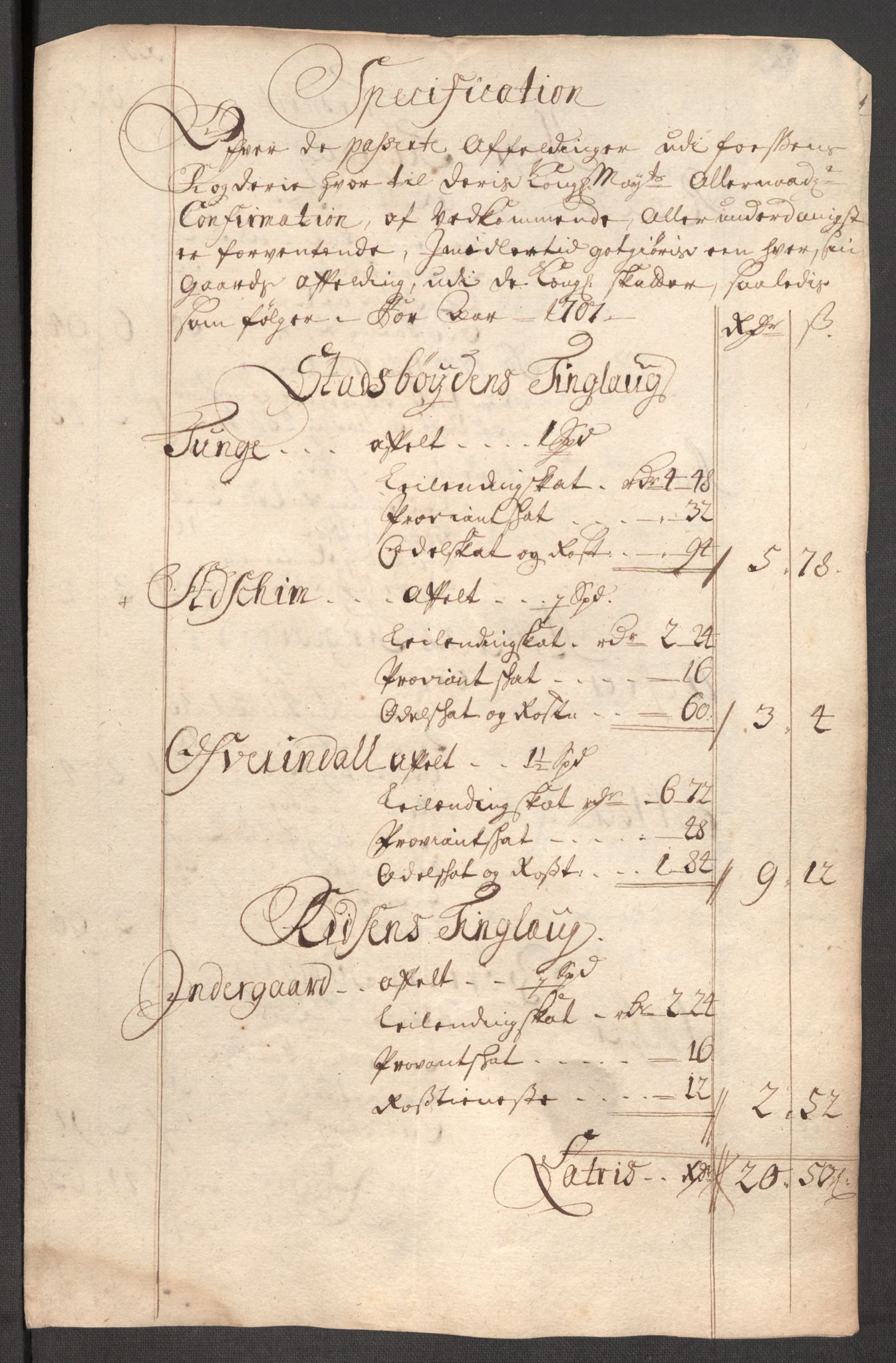 Rentekammeret inntil 1814, Reviderte regnskaper, Fogderegnskap, RA/EA-4092/R57/L3857: Fogderegnskap Fosen, 1706-1707, p. 422