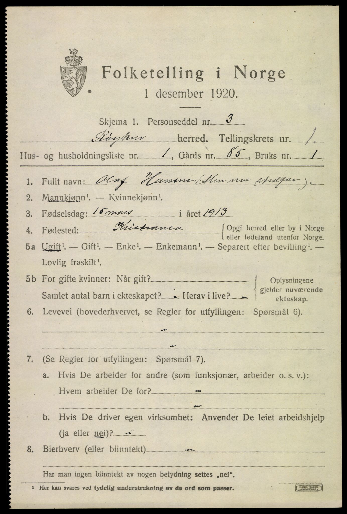 SAKO, 1920 census for Røyken, 1920, p. 1834