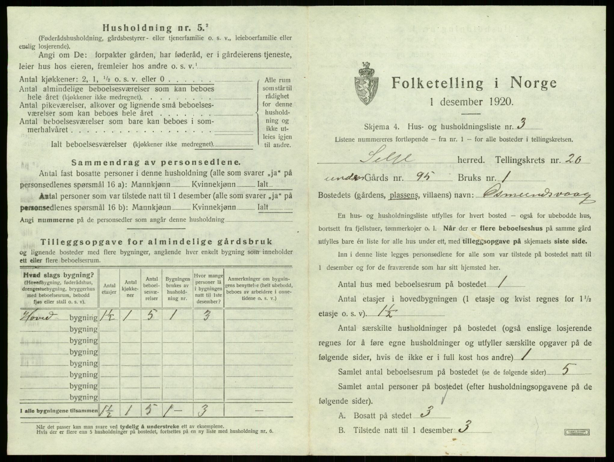 SAB, 1920 census for Selje, 1920, p. 1158