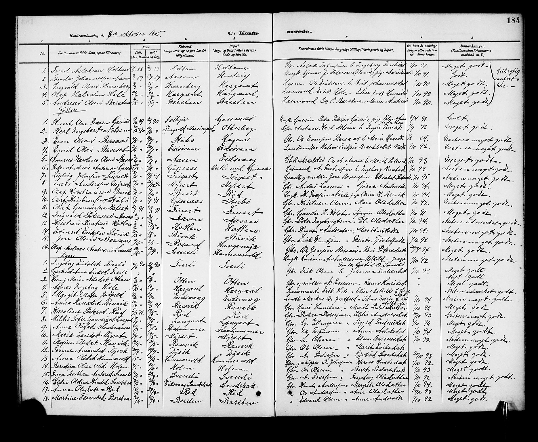 Ministerialprotokoller, klokkerbøker og fødselsregistre - Møre og Romsdal, SAT/A-1454/551/L0632: Parish register (copy) no. 551C04, 1894-1920, p. 184