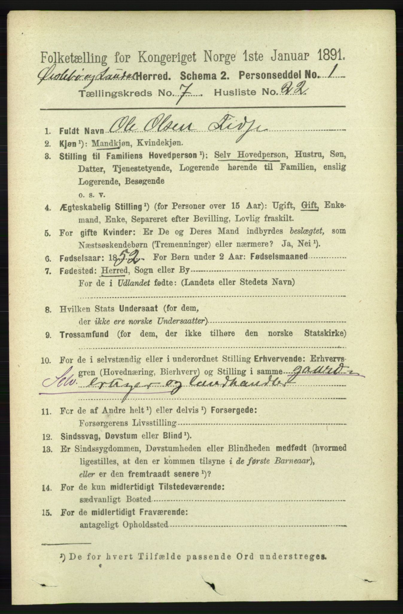 RA, 1891 census for 1021 Øyslebø og Laudal, 1891, p. 2049