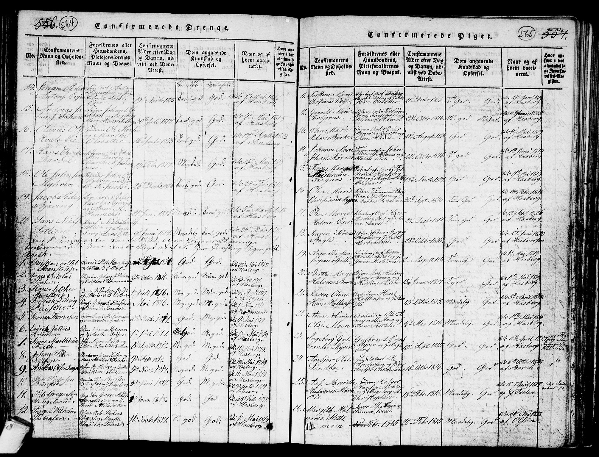 Kongsberg kirkebøker, SAKO/A-22/G/Ga/L0001: Parish register (copy) no. 1, 1816-1839, p. 564-565