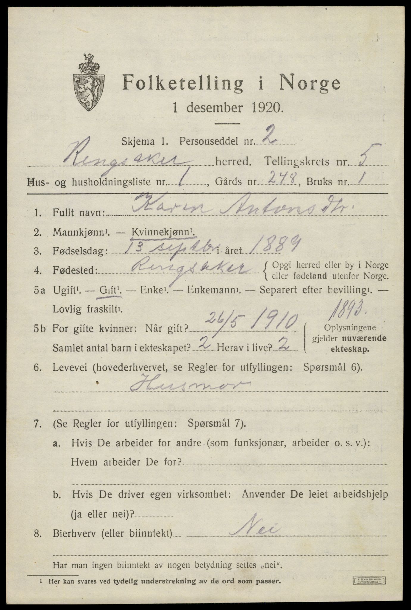 SAH, 1920 census for Ringsaker, 1920, p. 9704