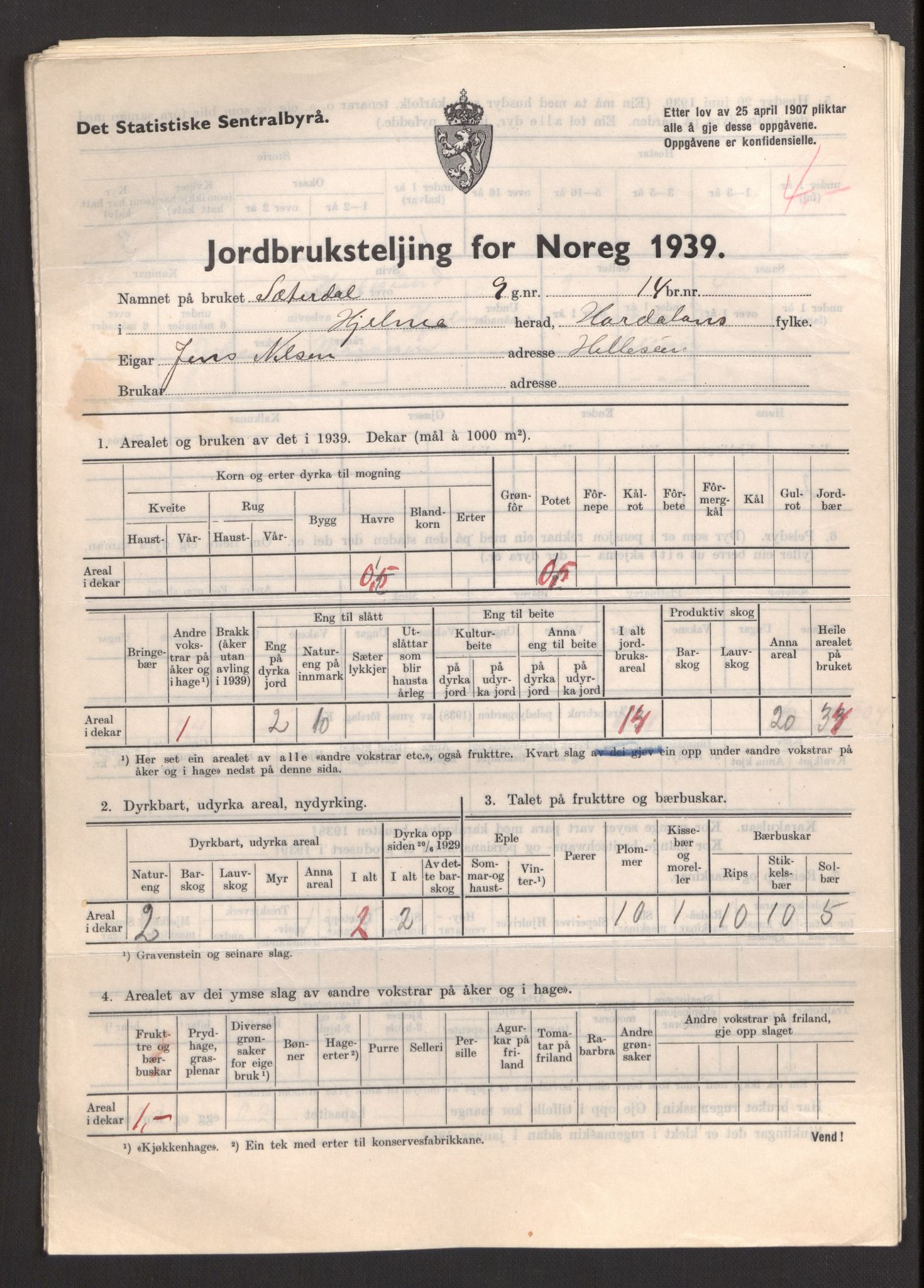 Statistisk sentralbyrå, Næringsøkonomiske emner, Jordbruk, skogbruk, jakt, fiske og fangst, AV/RA-S-2234/G/Gb/L0211: Hordaland: Herdla, Hjelme og Manger, 1939, p. 1247