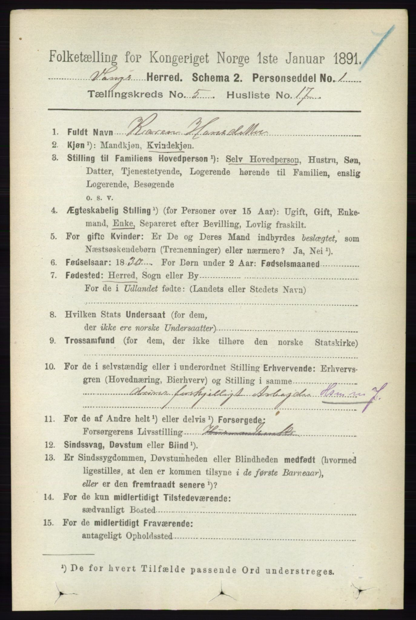 RA, 1891 census for 0414 Vang, 1891, p. 3592