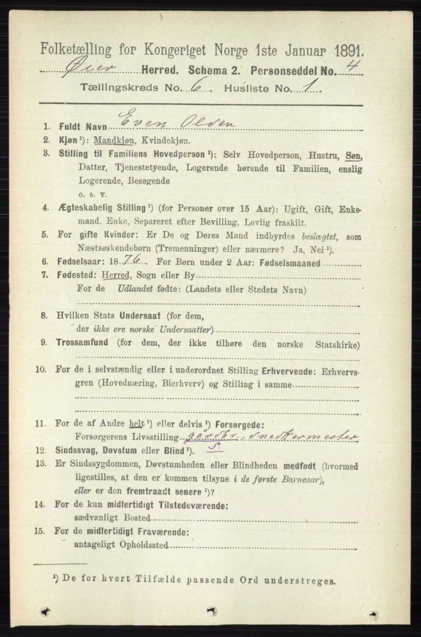 RA, 1891 census for 0521 Øyer, 1891, p. 2022