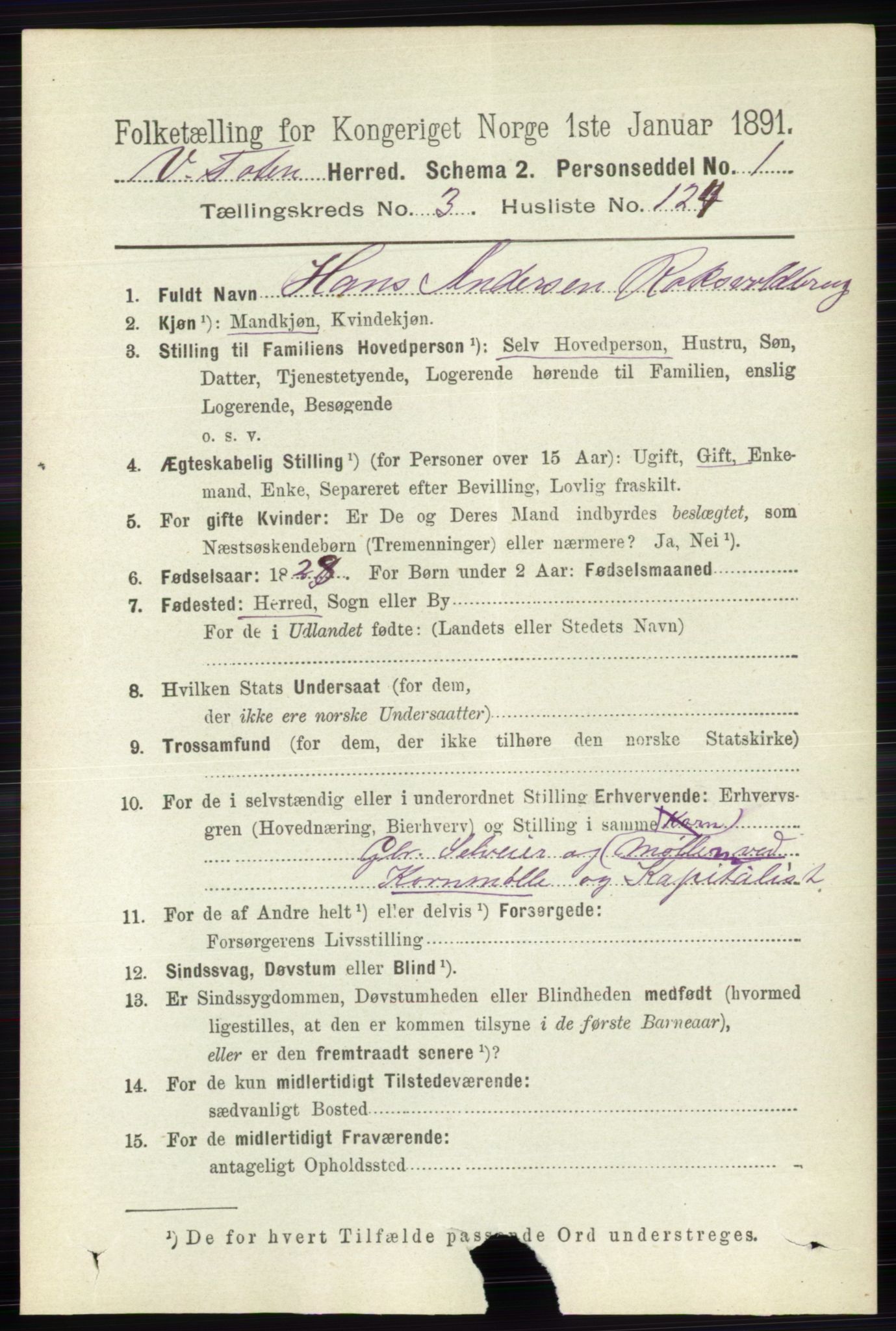 RA, 1891 census for 0529 Vestre Toten, 1891, p. 2626