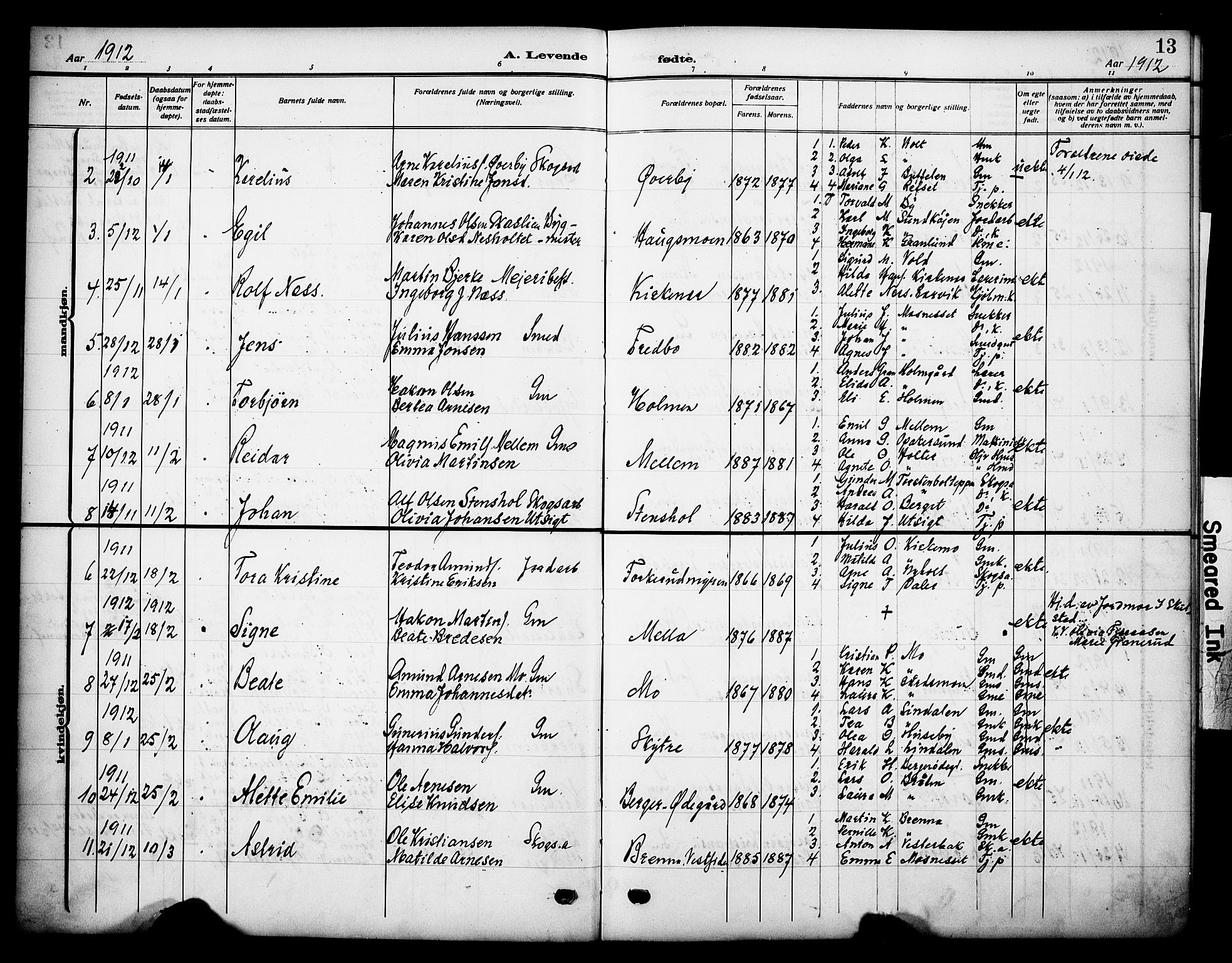 Grue prestekontor, AV/SAH-PREST-036/H/Ha/Haa/L0015: Parish register (official) no. 15, 1911-1922, p. 13