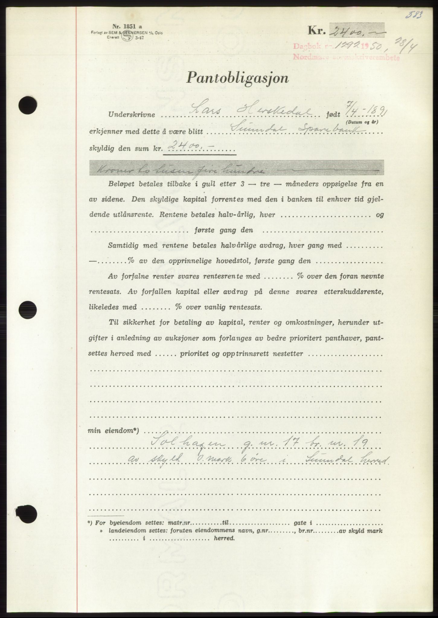 Nordmøre sorenskriveri, AV/SAT-A-4132/1/2/2Ca: Mortgage book no. B104, 1950-1950, Diary no: : 1292/1950