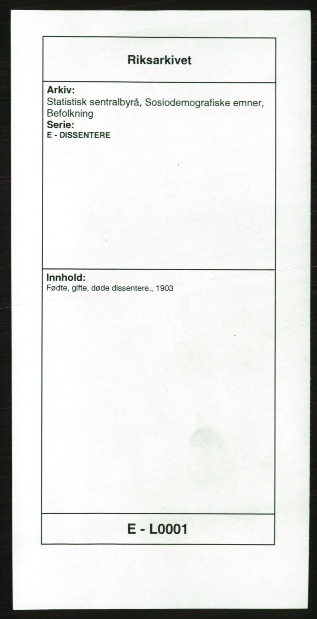 Statistisk sentralbyrå, Sosiodemografiske emner, Befolkning, AV/RA-S-2228/E/L0001: Fødte, gifte, døde dissentere., 1903, p. 1