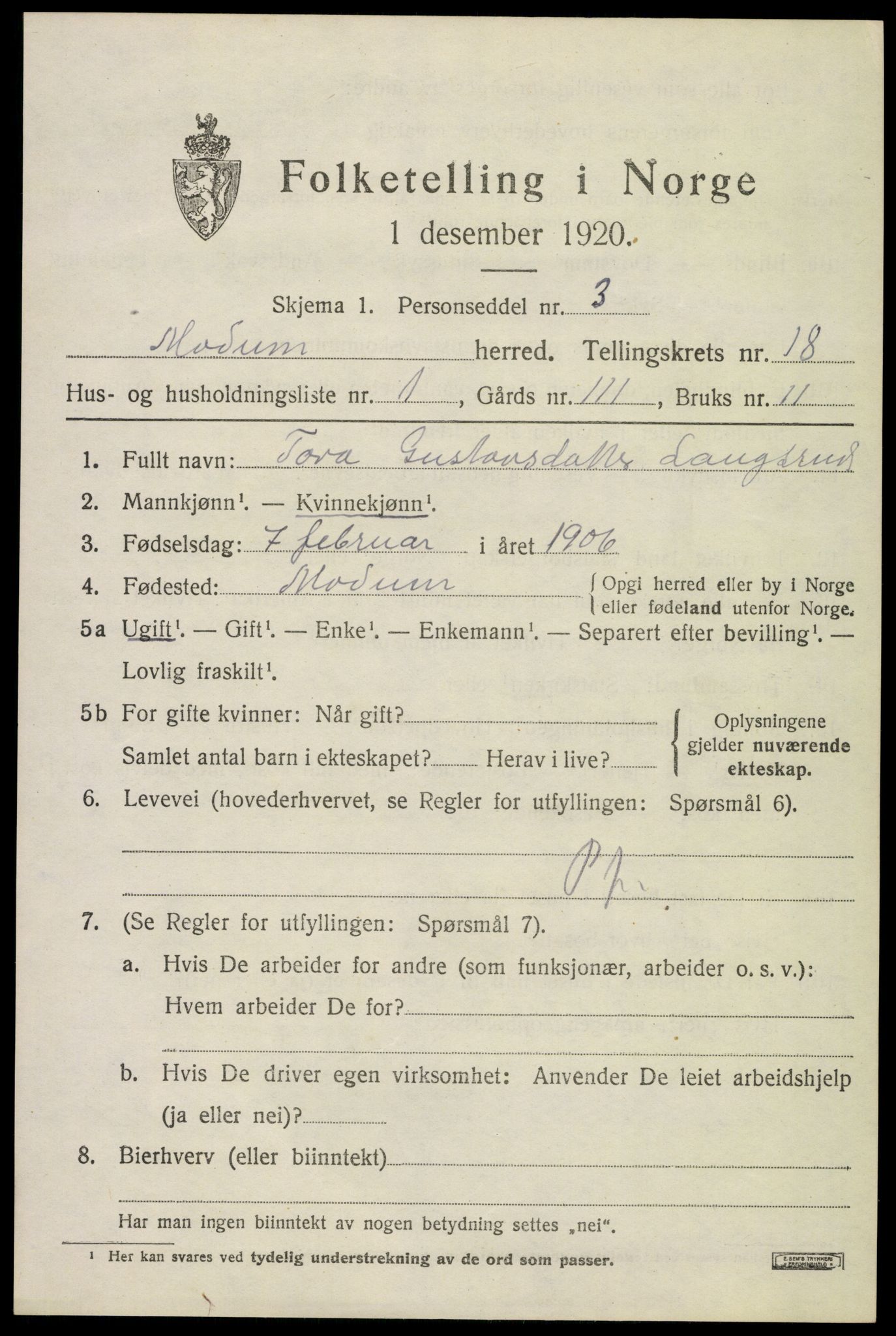 SAKO, 1920 census for Modum, 1920, p. 21007