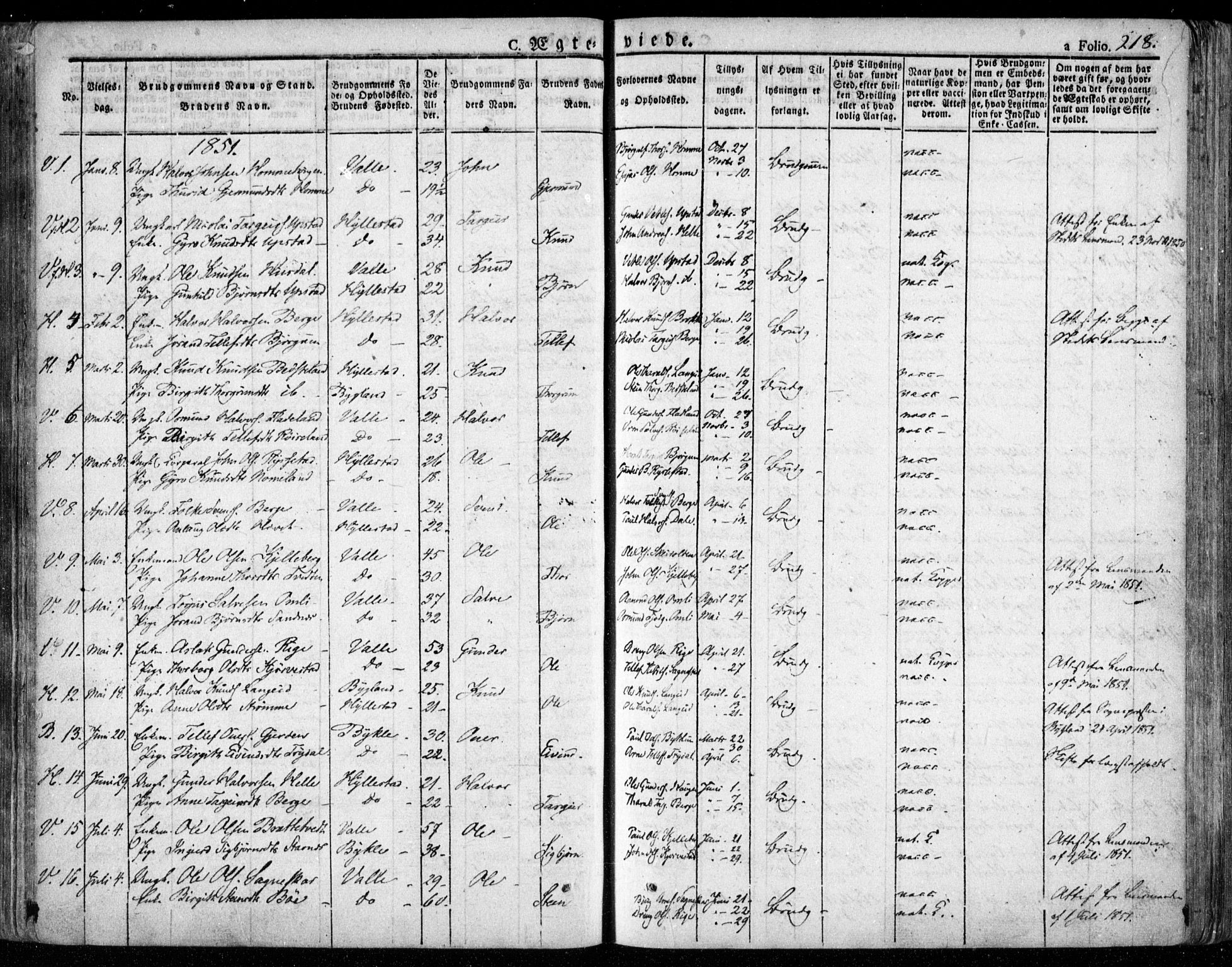 Valle sokneprestkontor, SAK/1111-0044/F/Fa/Fac/L0006: Parish register (official) no. A 6, 1831-1853, p. 218