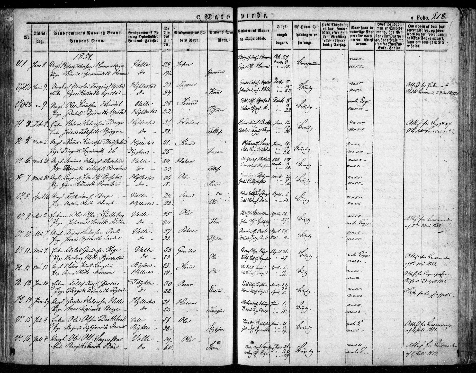 Valle sokneprestkontor, AV/SAK-1111-0044/F/Fa/Fac/L0006: Parish register (official) no. A 6, 1831-1853, p. 218