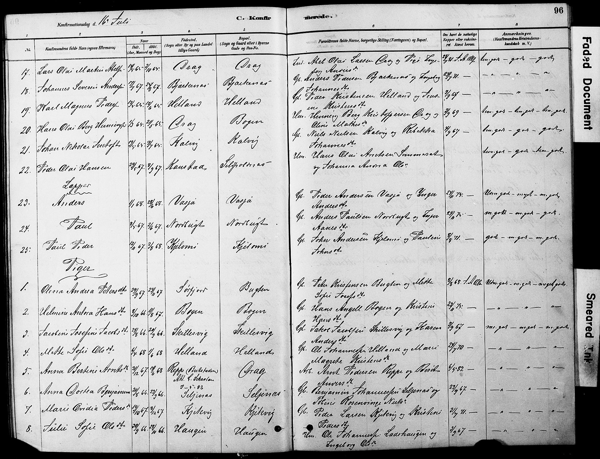 Ministerialprotokoller, klokkerbøker og fødselsregistre - Nordland, AV/SAT-A-1459/861/L0875: Parish register (copy) no. 861C01, 1879-1887, p. 96