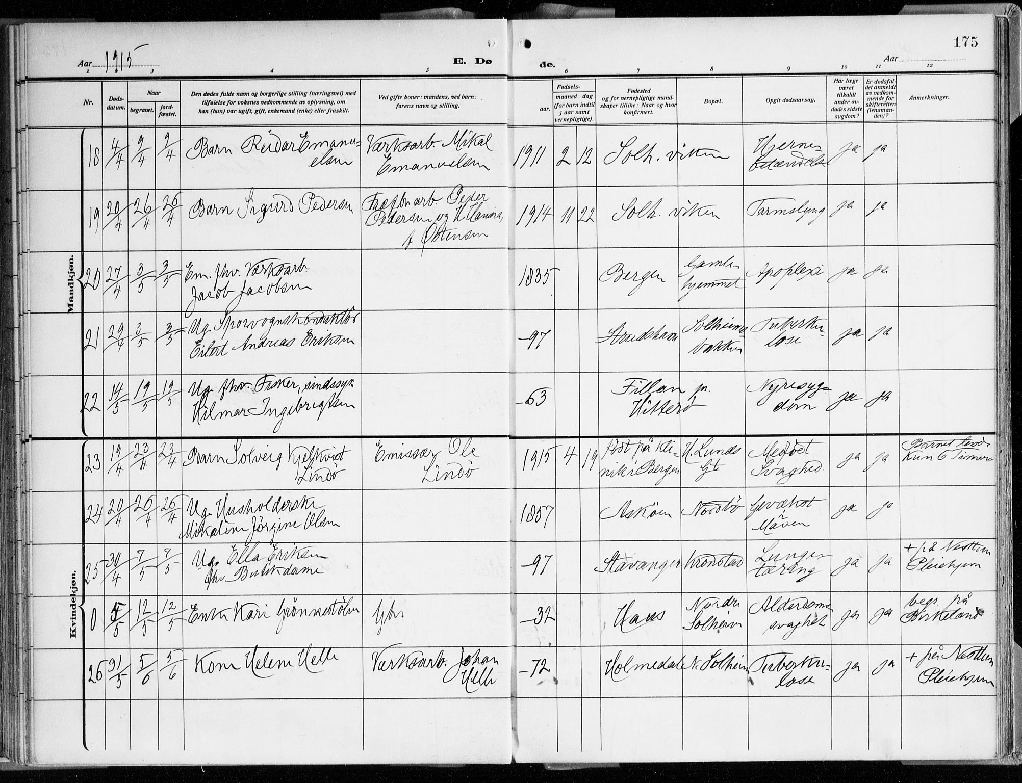 Årstad Sokneprestembete, AV/SAB-A-79301/H/Haa/L0003: Parish register (official) no. A 3, 1914-1919, p. 175