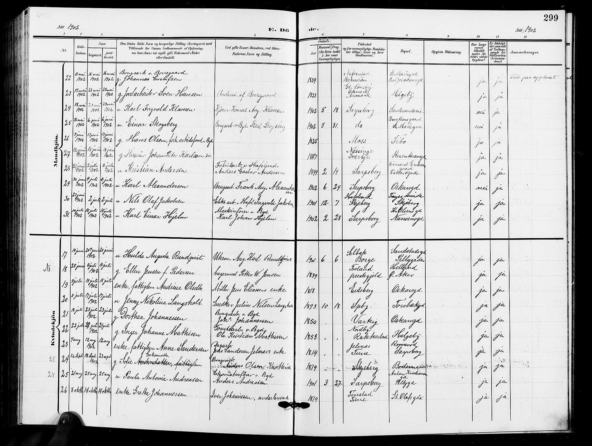 Sarpsborg prestekontor Kirkebøker, AV/SAO-A-2006/G/Ga/L0001: Parish register (copy) no. 1, 1902-1911, p. 299