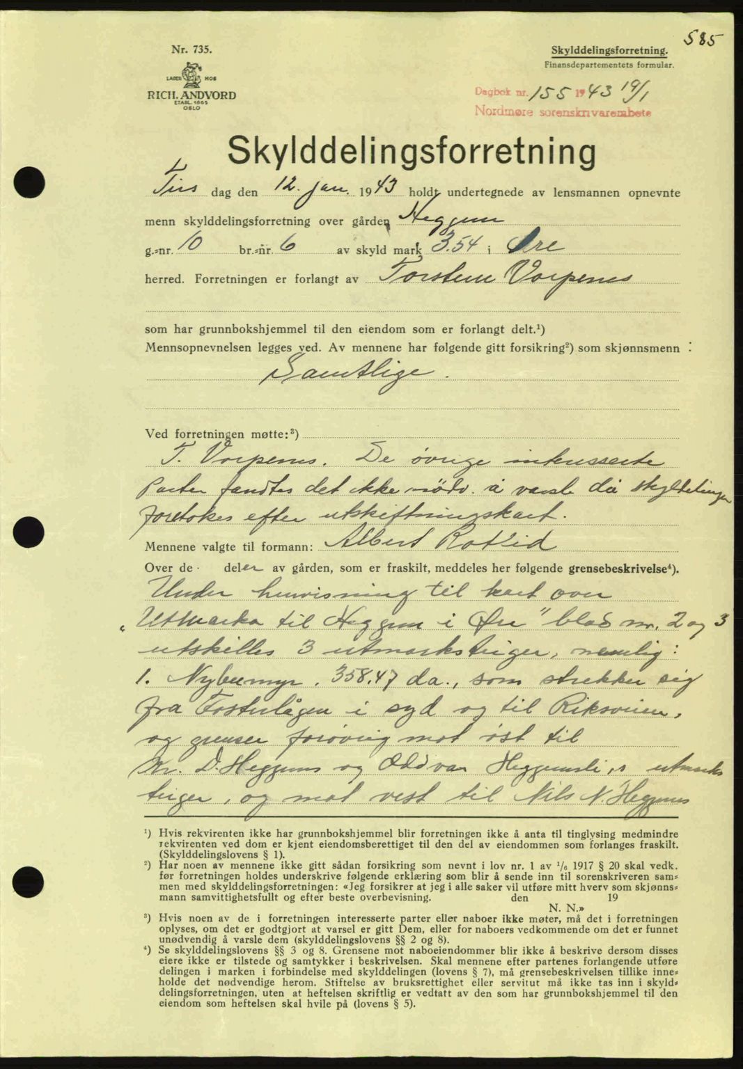 Nordmøre sorenskriveri, AV/SAT-A-4132/1/2/2Ca: Mortgage book no. A94, 1942-1943, Diary no: : 155/1943