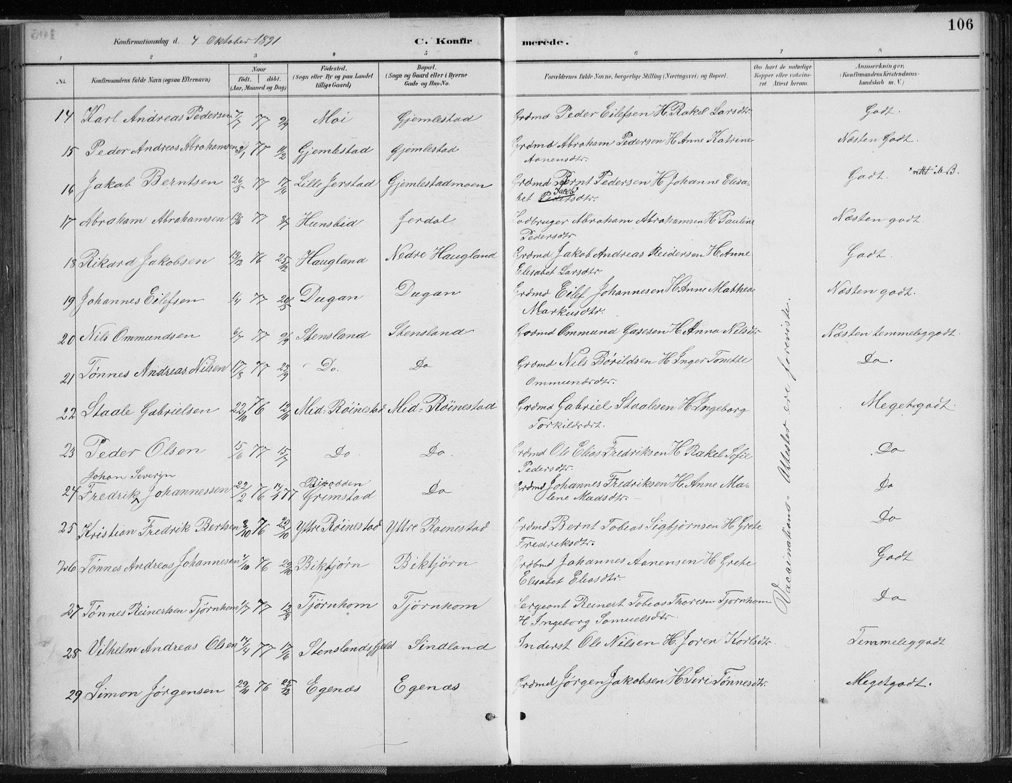 Kvinesdal sokneprestkontor, AV/SAK-1111-0026/F/Fa/Fab/L0008: Parish register (official) no. A 8, 1886-1897, p. 106