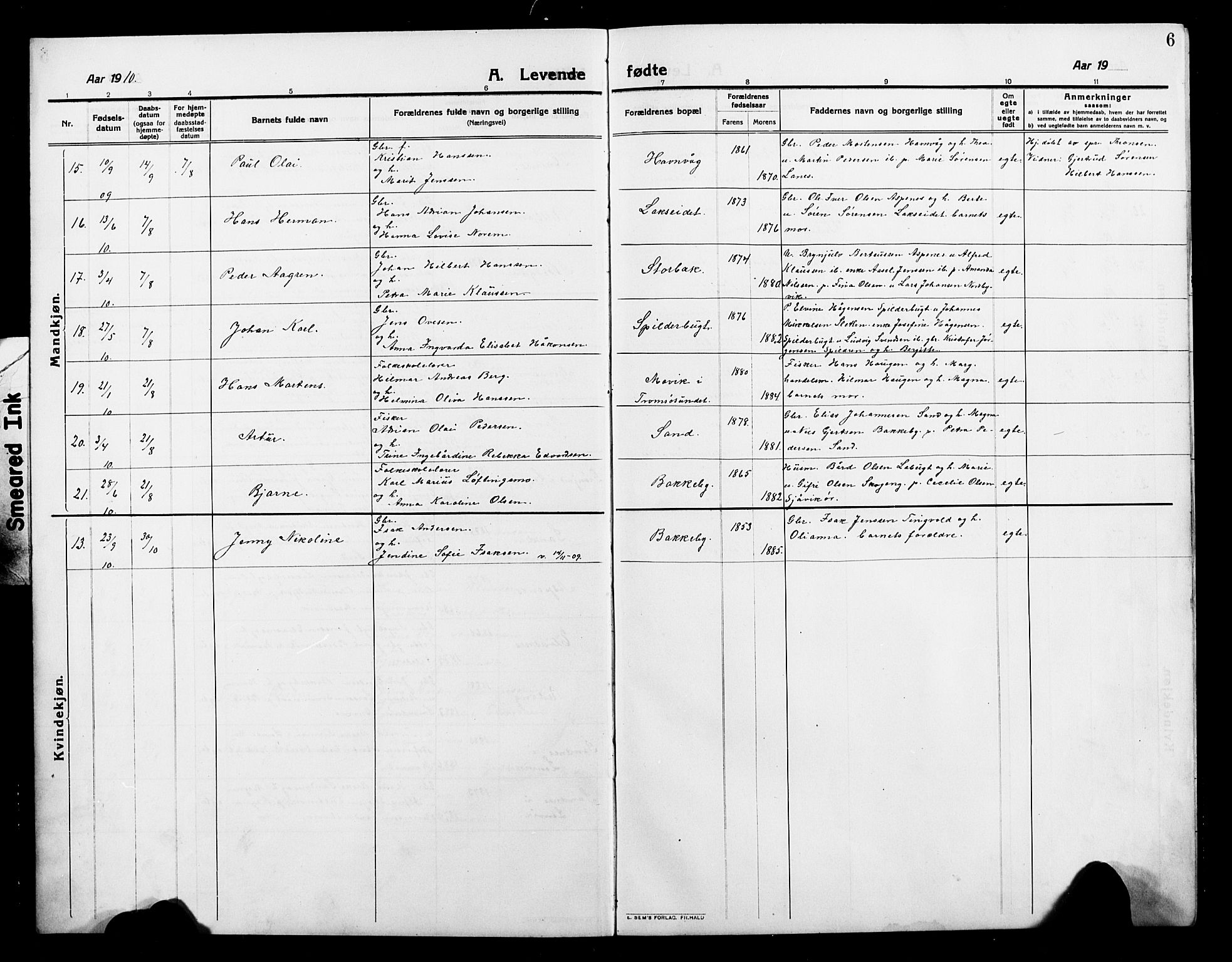 Balsfjord sokneprestembete, AV/SATØ-S-1303/G/Ga/L0004klokker: Parish register (copy) no. 4, 1910-1926, p. 6