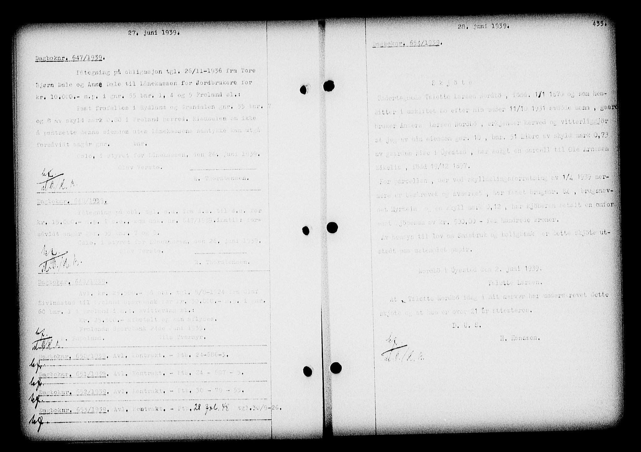Nedenes sorenskriveri, SAK/1221-0006/G/Gb/Gba/L0046: Mortgage book no. 42, 1938-1939, Diary no: : 654/1939