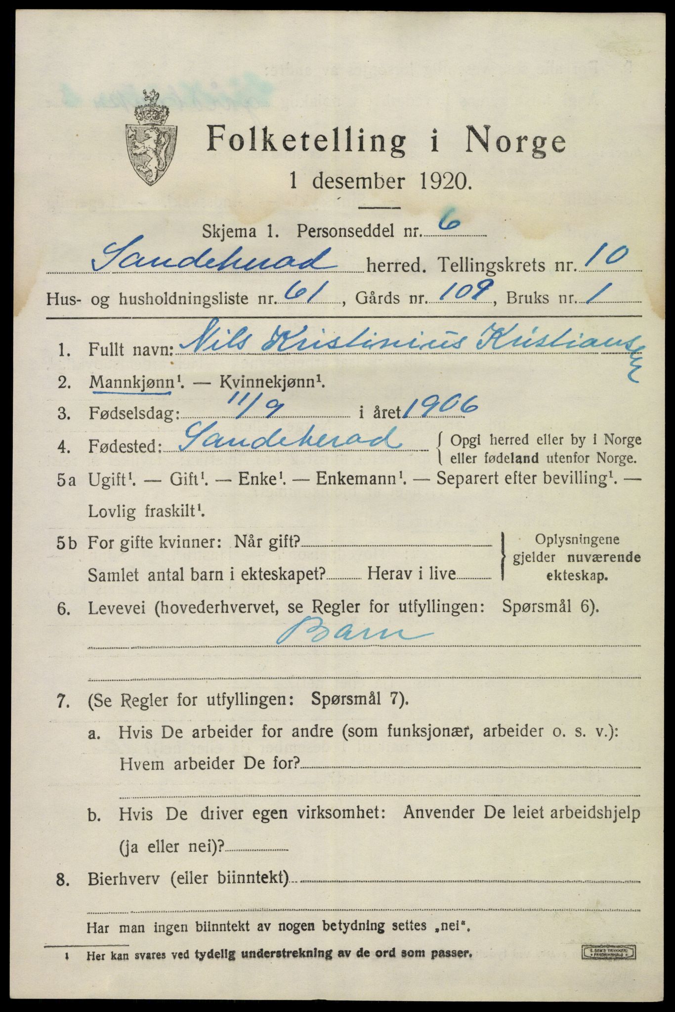 SAKO, 1920 census for Sandeherred, 1920, p. 15292