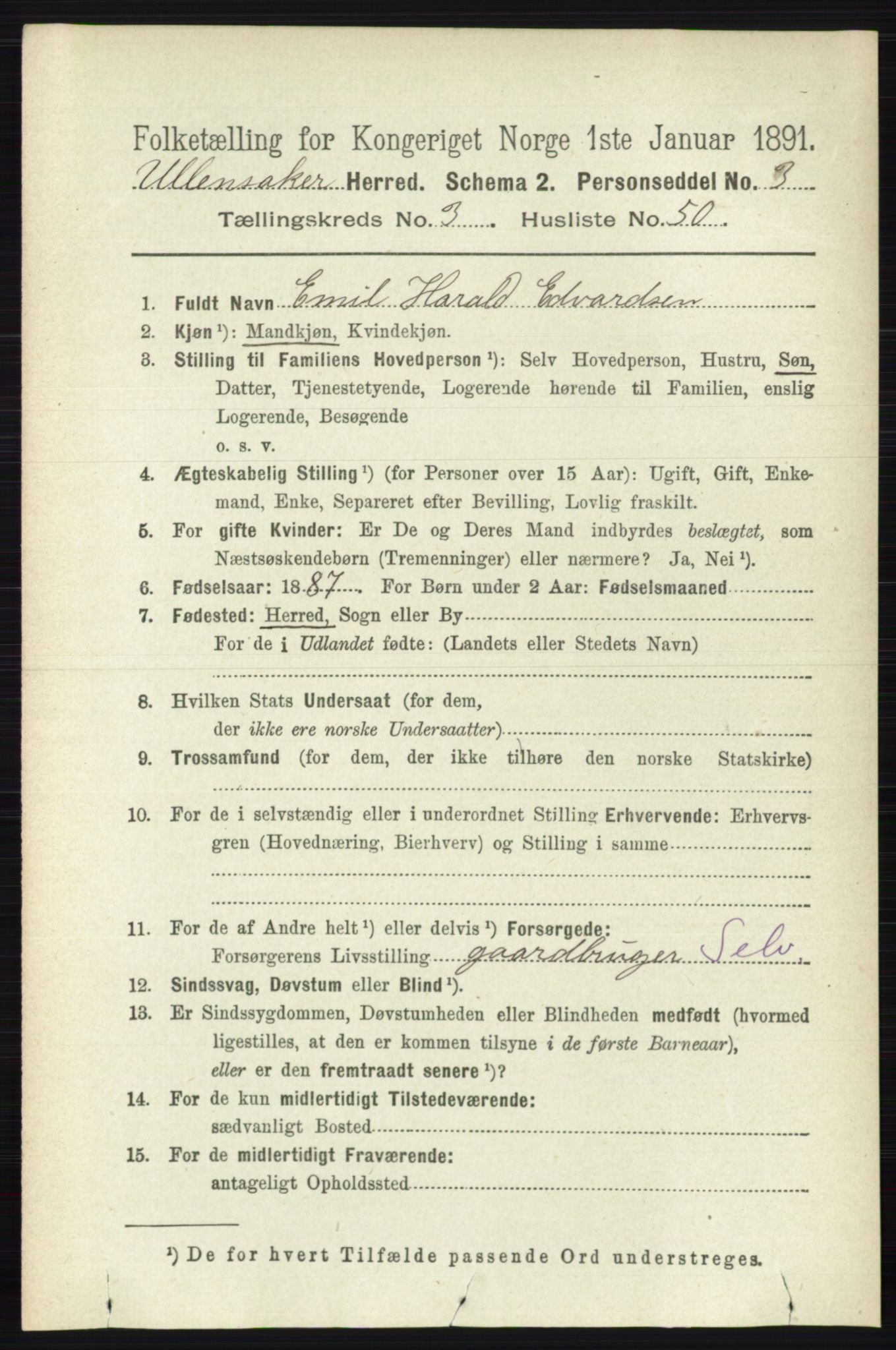 RA, 1891 census for 0235 Ullensaker, 1891, p. 1408