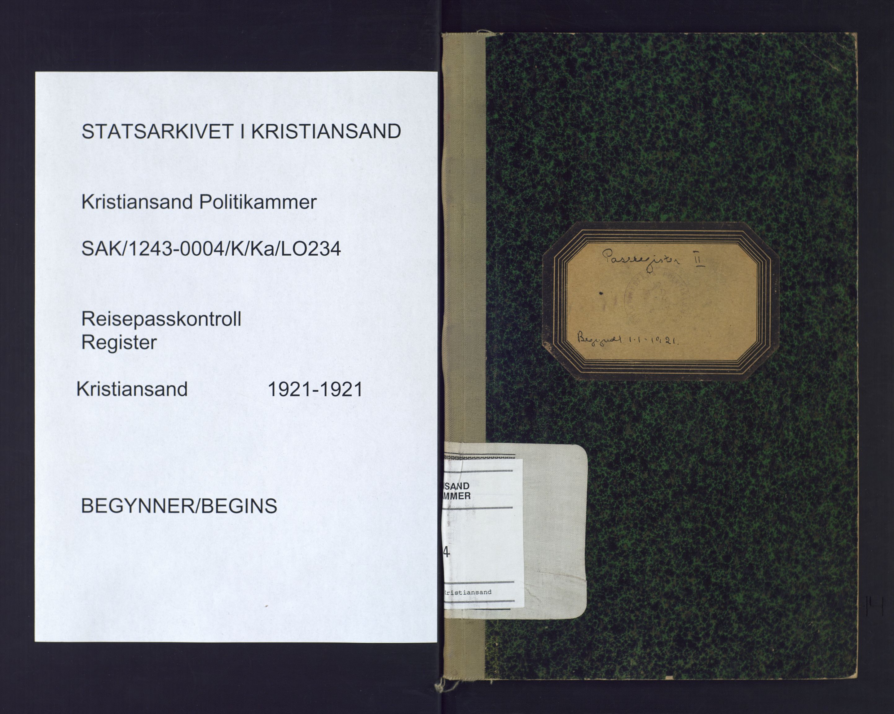 Kristiansand politikammer, SAK/1243-0004/K/Ka/L0234: Register til passprotokoll, 1921, p. 1
