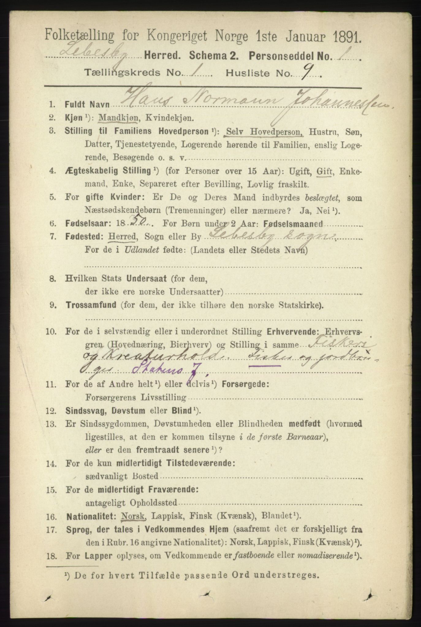 RA, 1891 census for 2022 Lebesby, 1891, p. 145