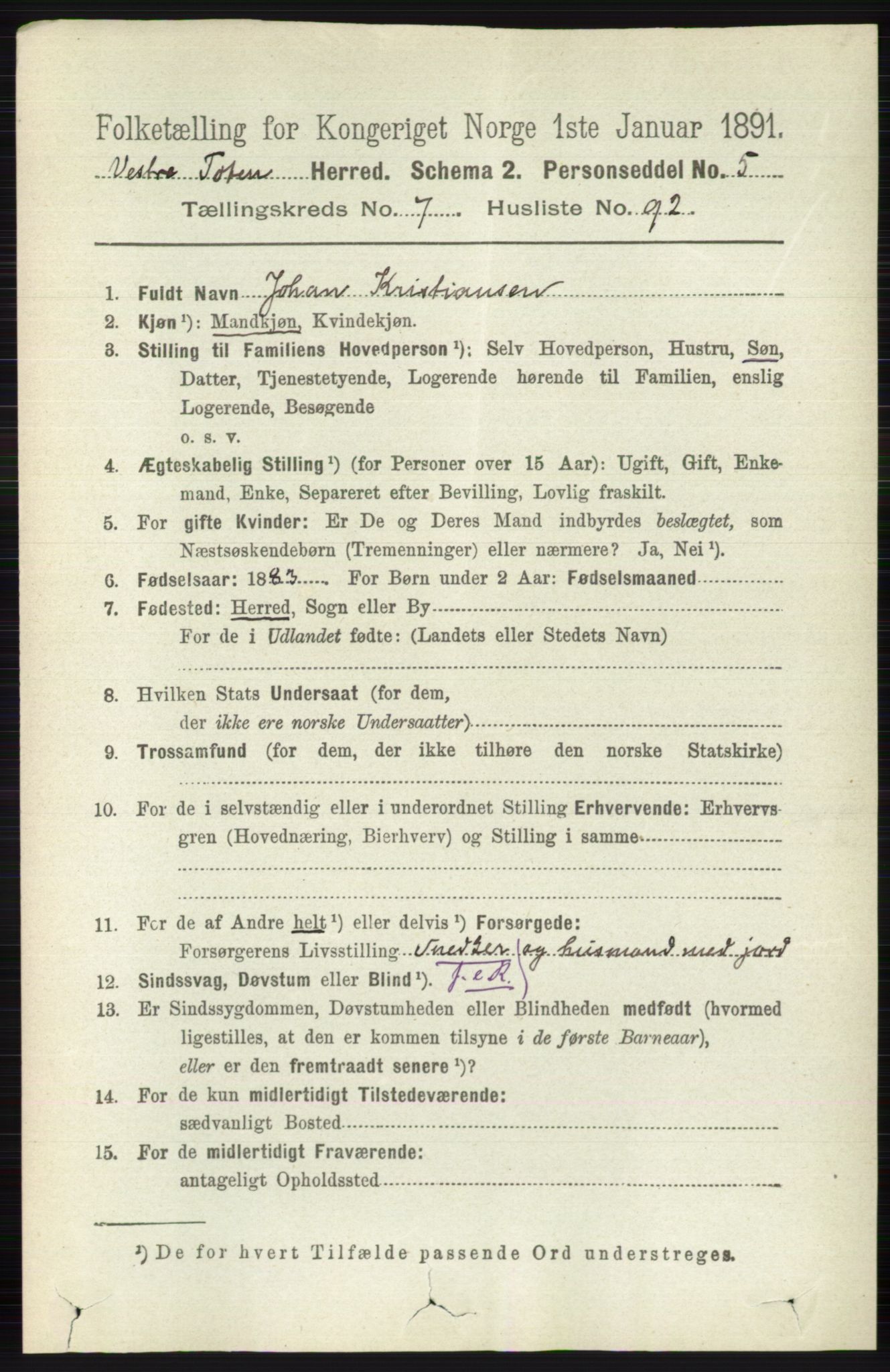 RA, 1891 census for 0529 Vestre Toten, 1891, p. 4906