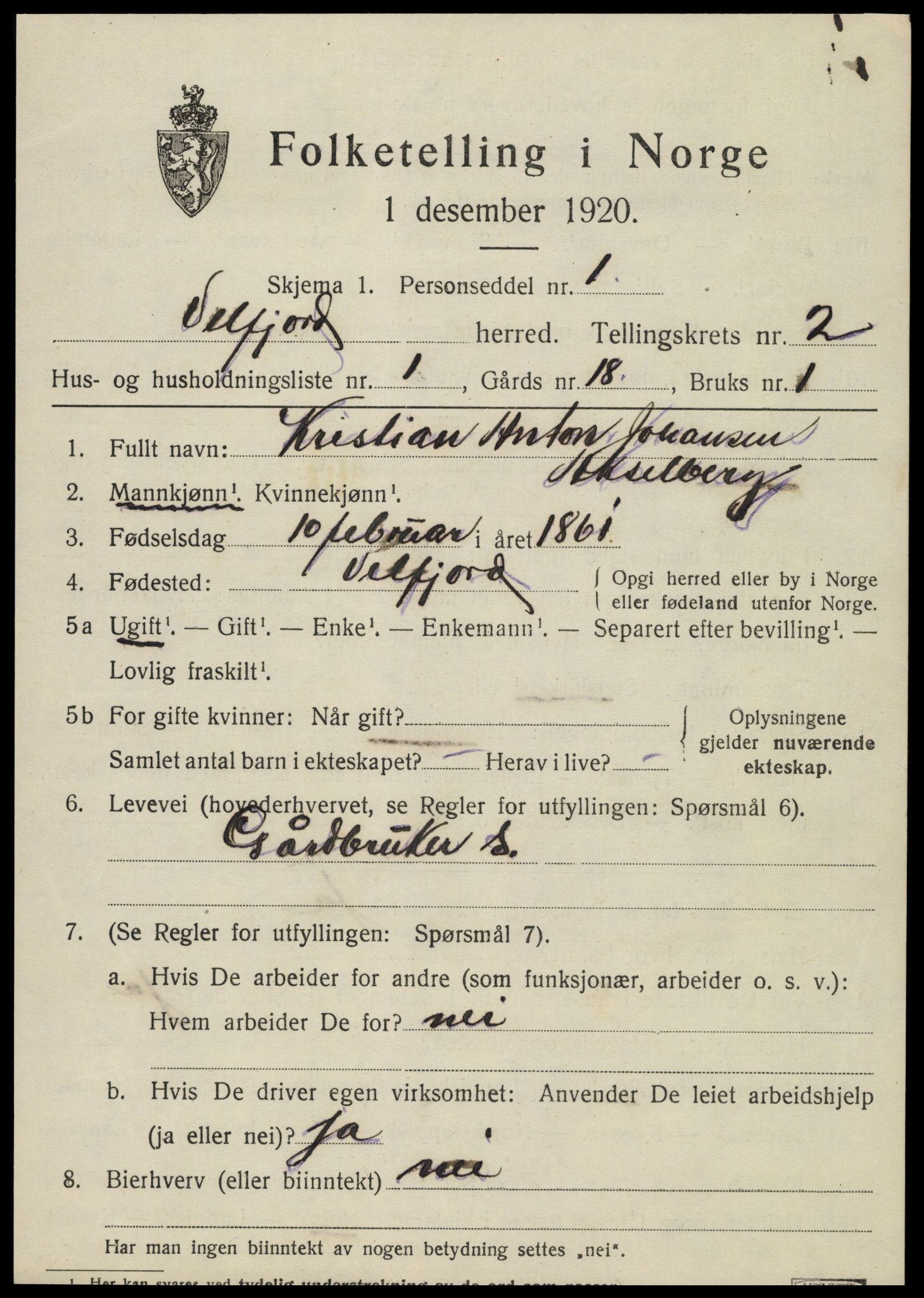 SAT, 1920 census for Velfjord, 1920, p. 1209