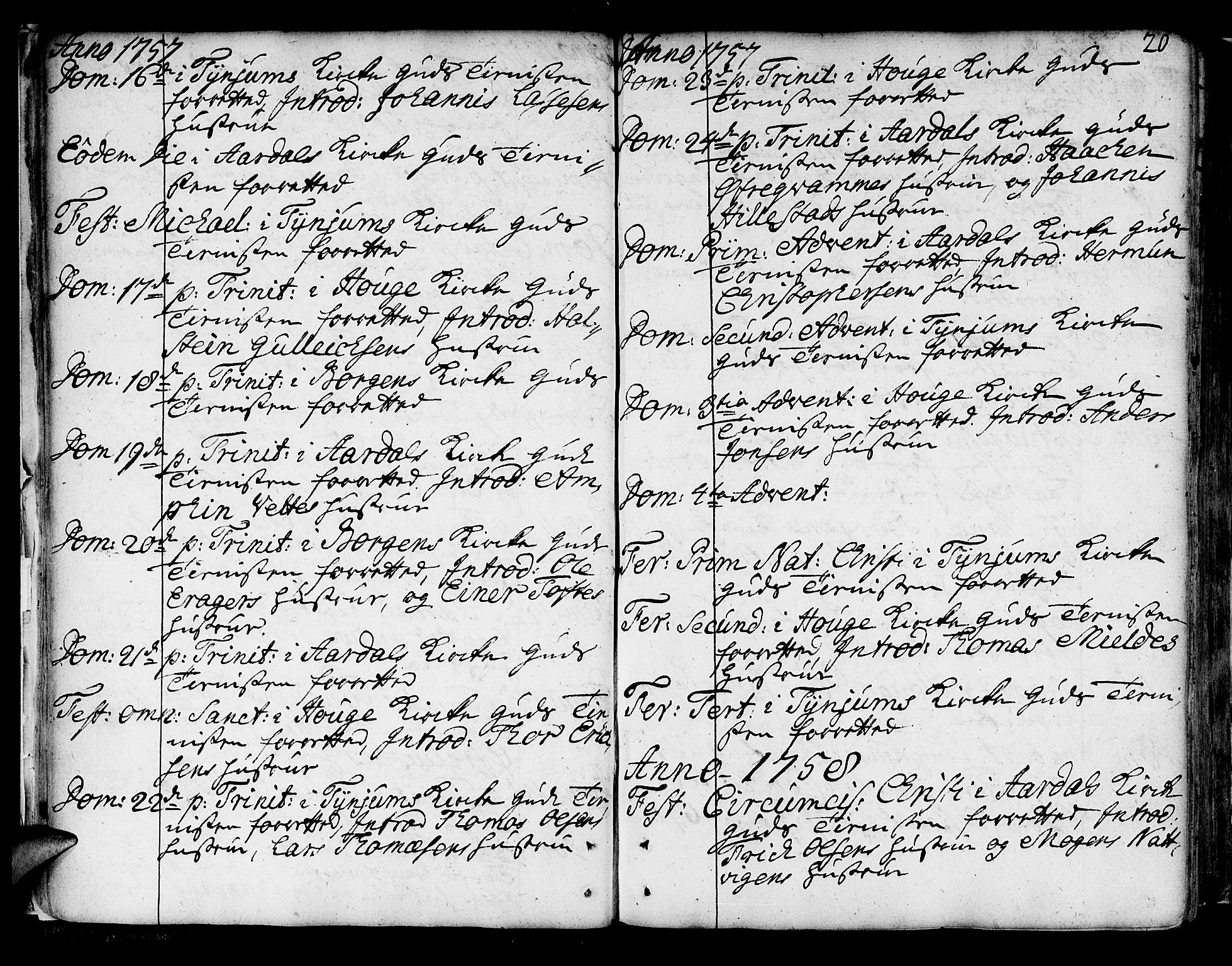 Lærdal sokneprestembete, AV/SAB-A-81201: Parish register (official) no. A 2, 1752-1782, p. 20