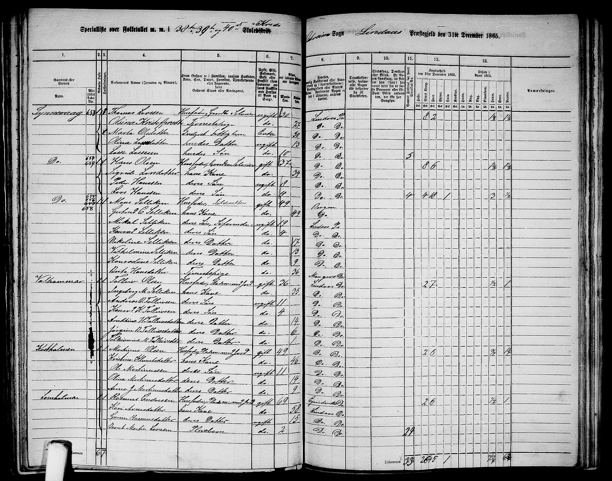 RA, 1865 census for Lindås, 1865, p. 244