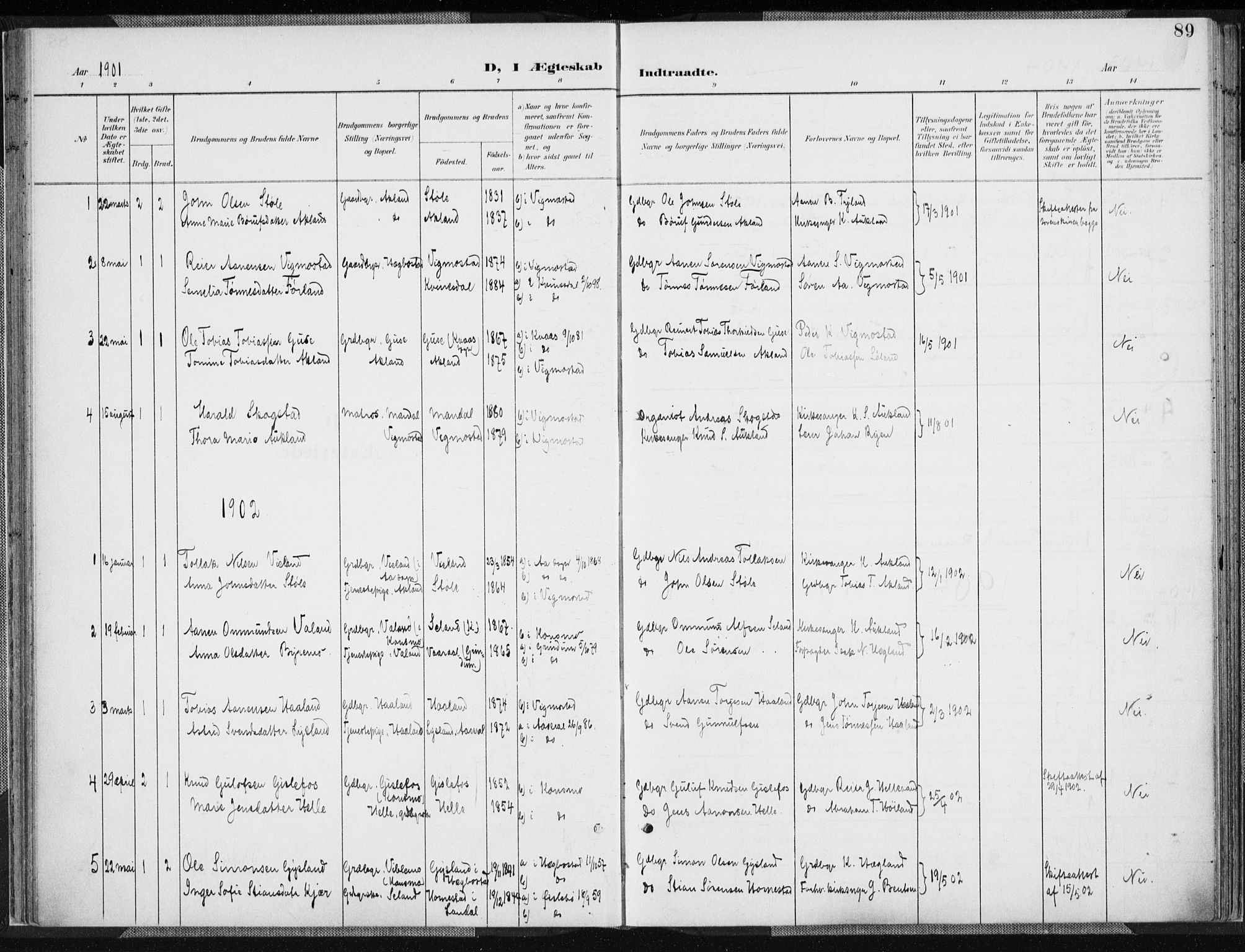 Nord-Audnedal sokneprestkontor, SAK/1111-0032/F/Fa/Fab/L0004: Parish register (official) no. A 4, 1901-1917, p. 89