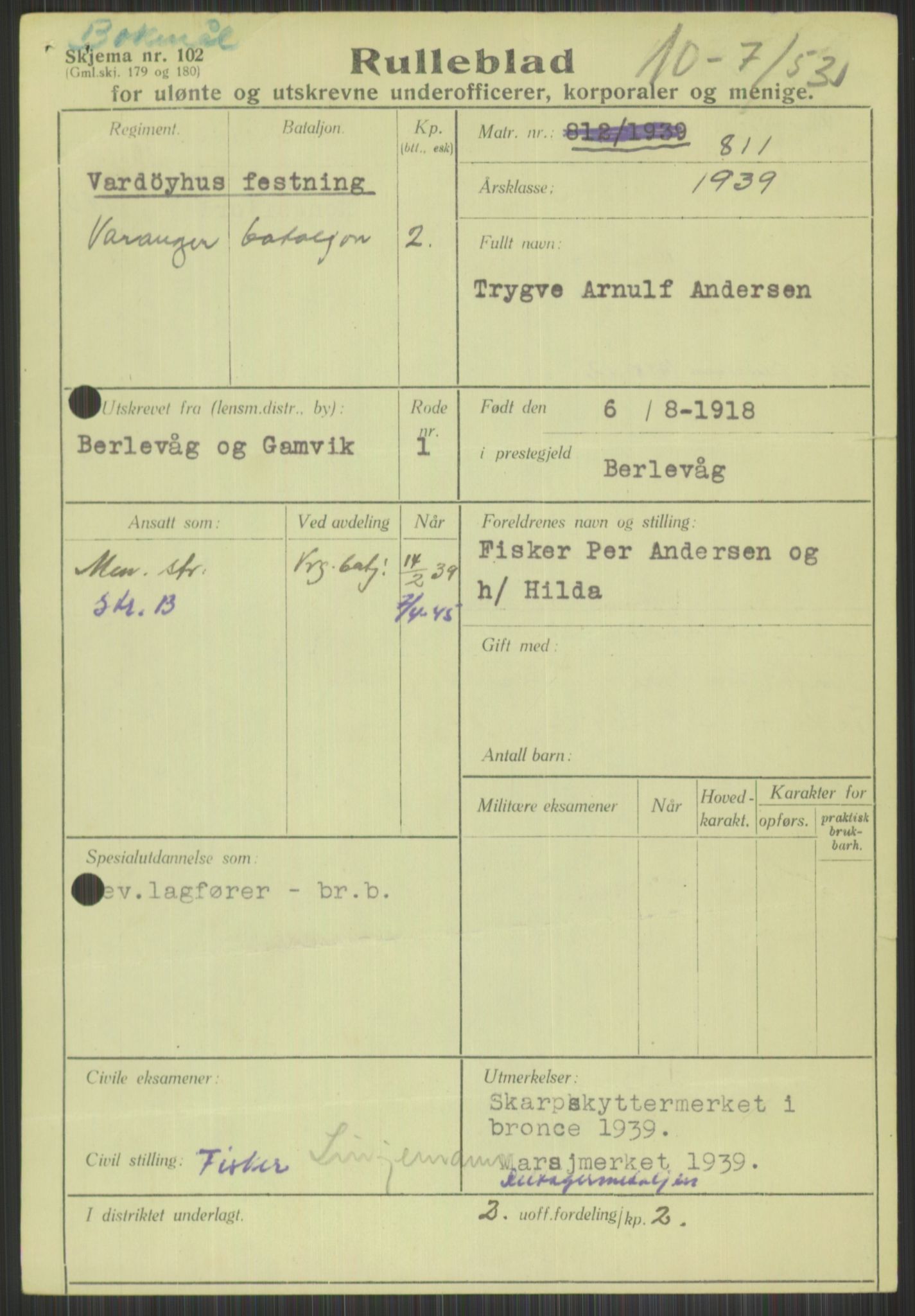 Forsvaret, Varanger bataljon, AV/RA-RAFA-2258/1/D/L0442: Rulleblad for fødte 1918-1919, 1918-1919, p. 13