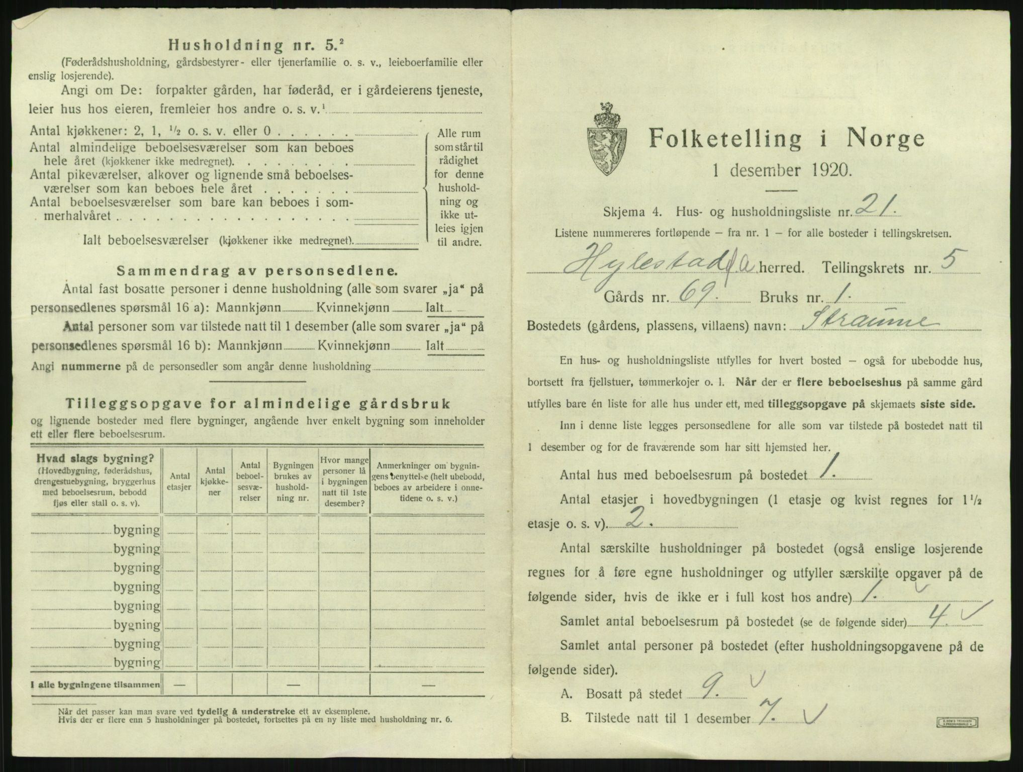 SAK, 1920 census for Hylestad, 1920, p. 276