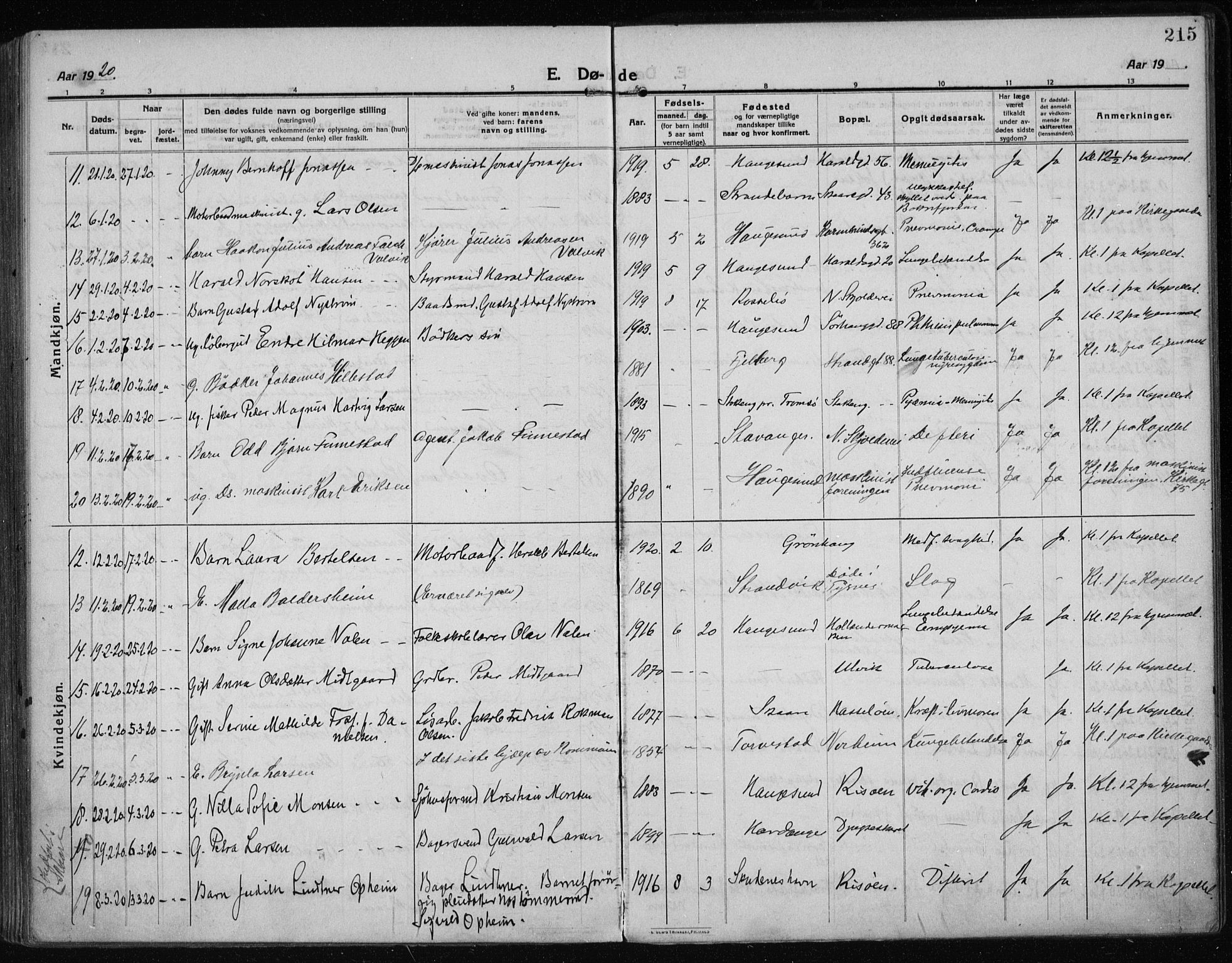 Haugesund sokneprestkontor, AV/SAST-A -101863/H/Ha/Haa/L0009: Parish register (official) no. A 9, 1914-1929, p. 215