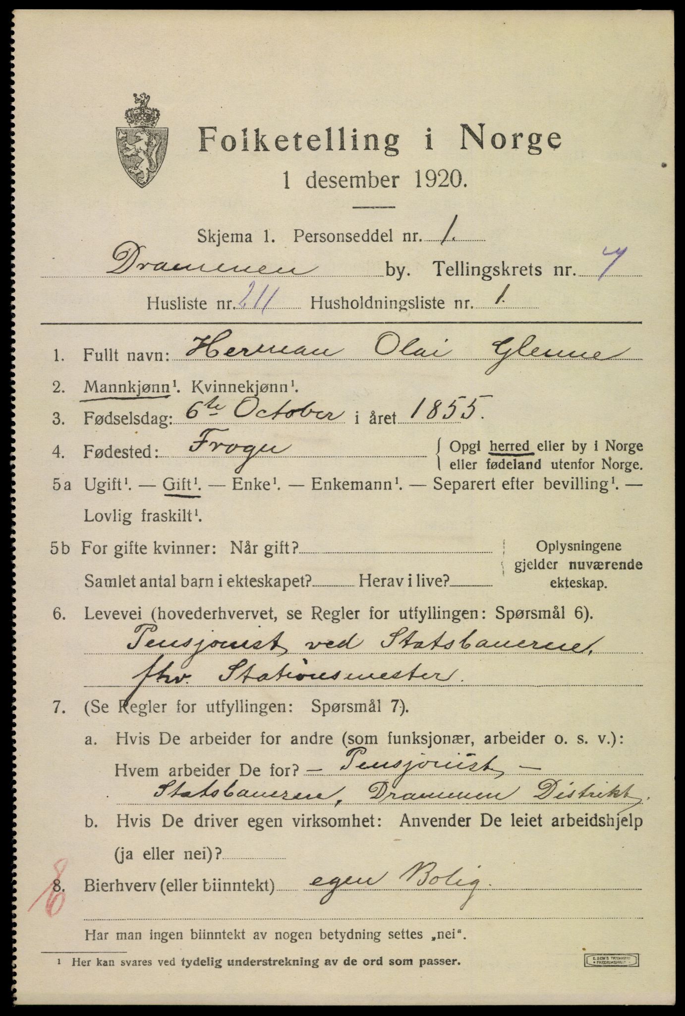 SAKO, 1920 census for Drammen, 1920, p. 51087