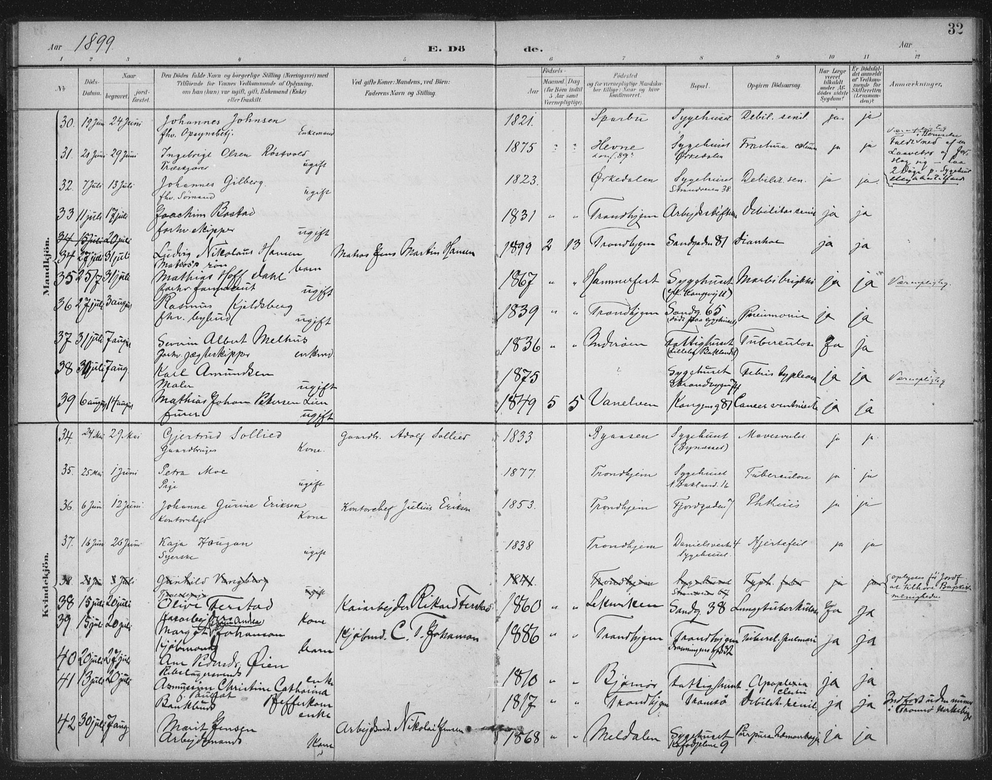 Ministerialprotokoller, klokkerbøker og fødselsregistre - Sør-Trøndelag, AV/SAT-A-1456/602/L0123: Parish register (official) no. 602A21, 1895-1910, p. 32