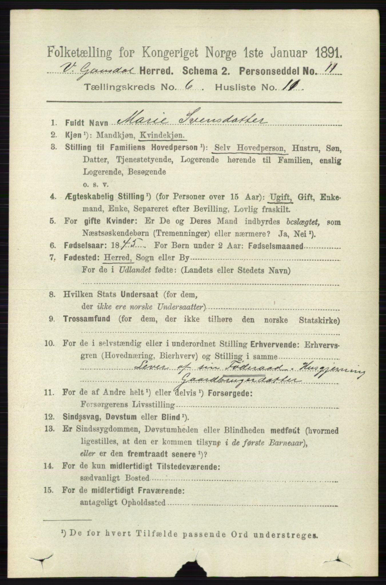 RA, 1891 census for 0523 Vestre Gausdal, 1891, p. 2629